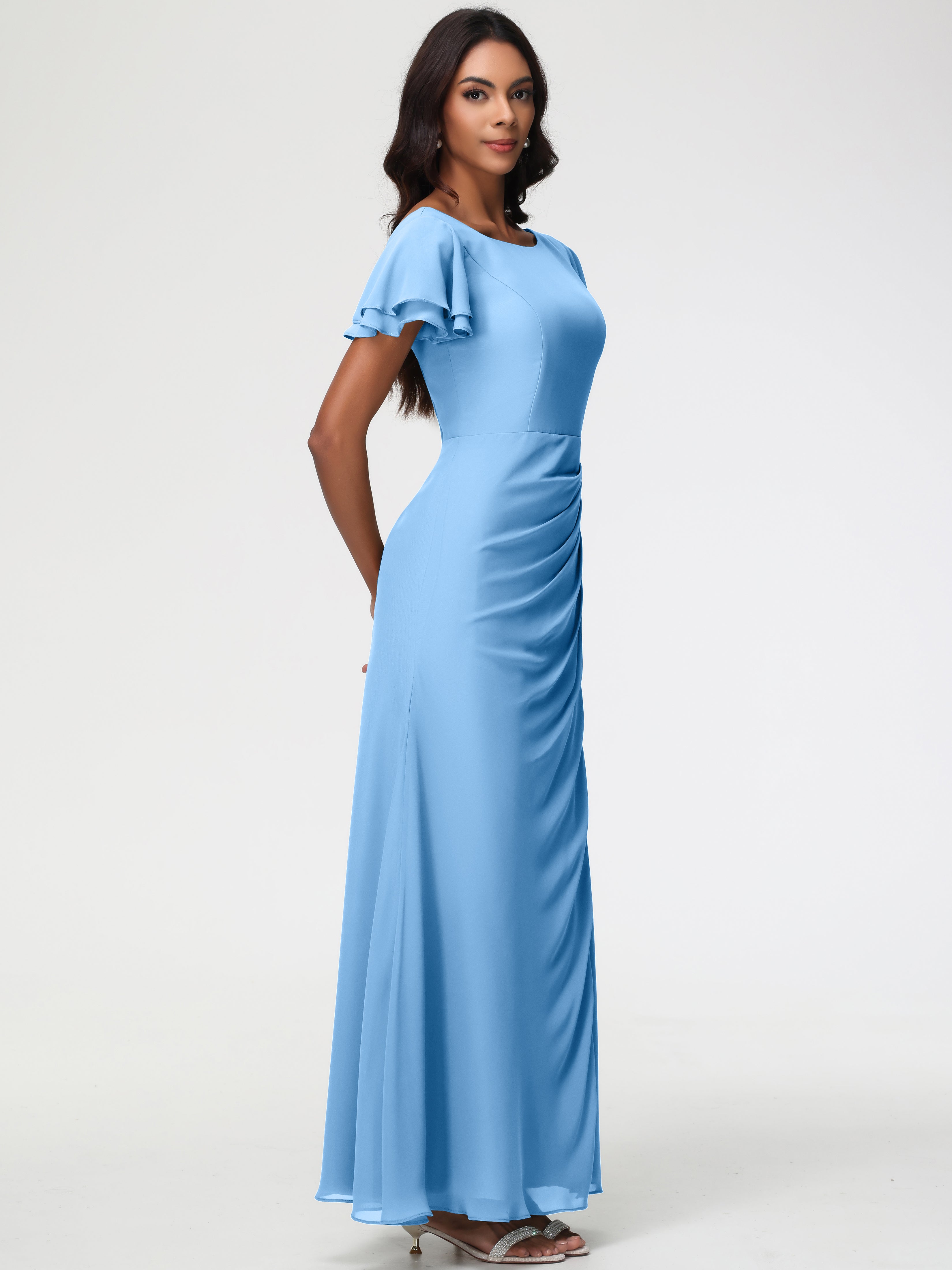 Robe Bleu Demoiselle D Honneur Col Rond Fendue Fourreau/Colonne Mousseline Robe Demoiselle d'Honneur