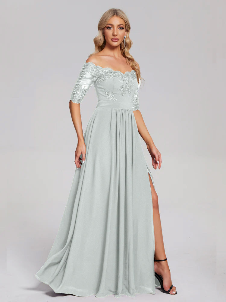Robe Demoiselle D Honneur Celadon Hors-La-Épaule Demi Manches Dentelle/Mousseline Robes Demoiselle D'Honneur