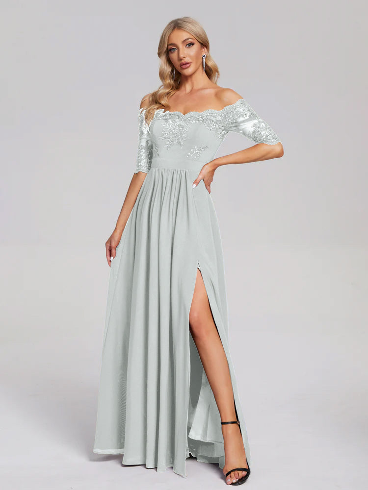 Robe Demoiselle D Honneur Celadon Hors-La-Épaule Demi Manches Dentelle/Mousseline Robes Demoiselle D'Honneur