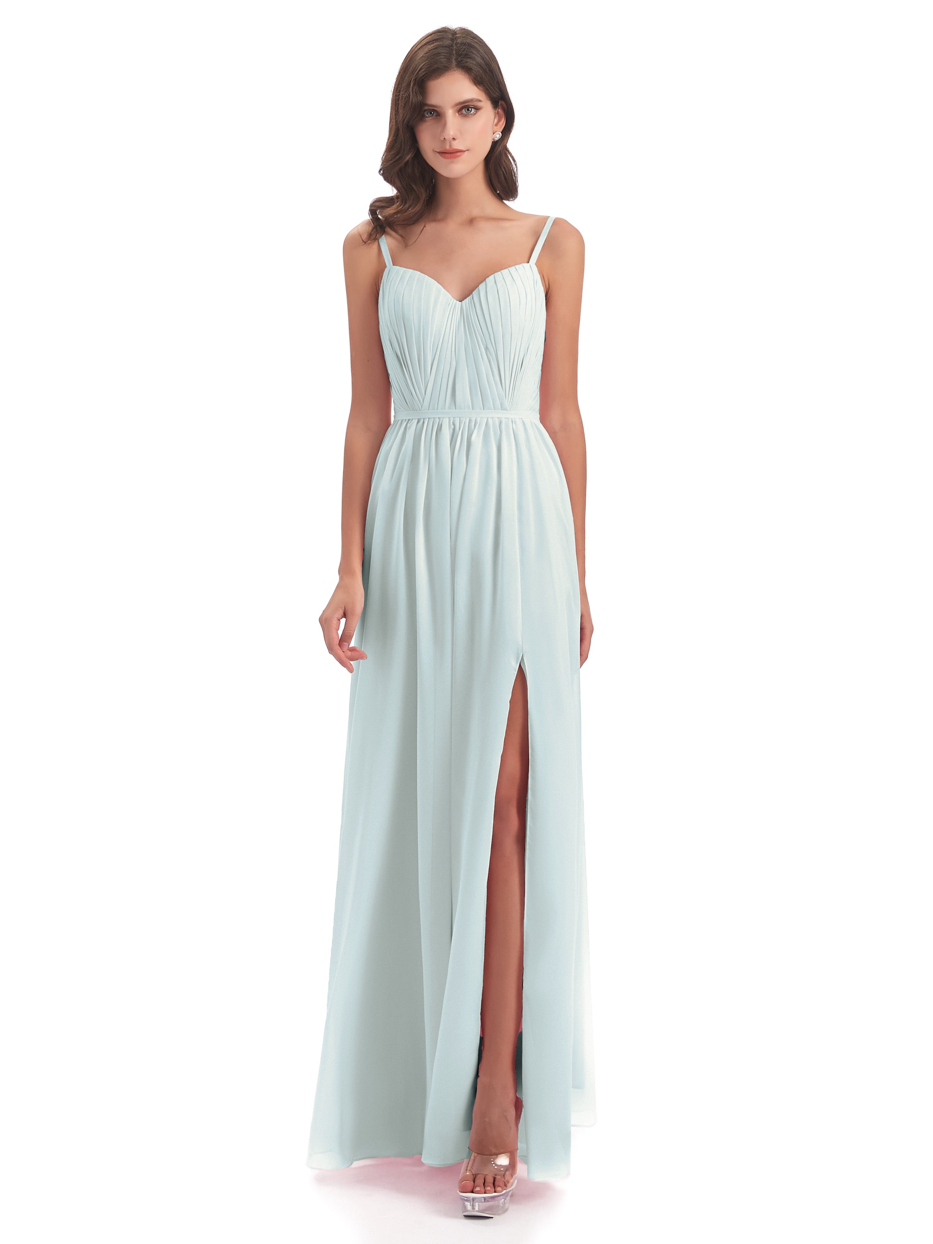 Robes De Demoiselle D'Honneur Celadon Bretelles Spaghetti Fendue Devant Robes Demoiselle D'Honneur