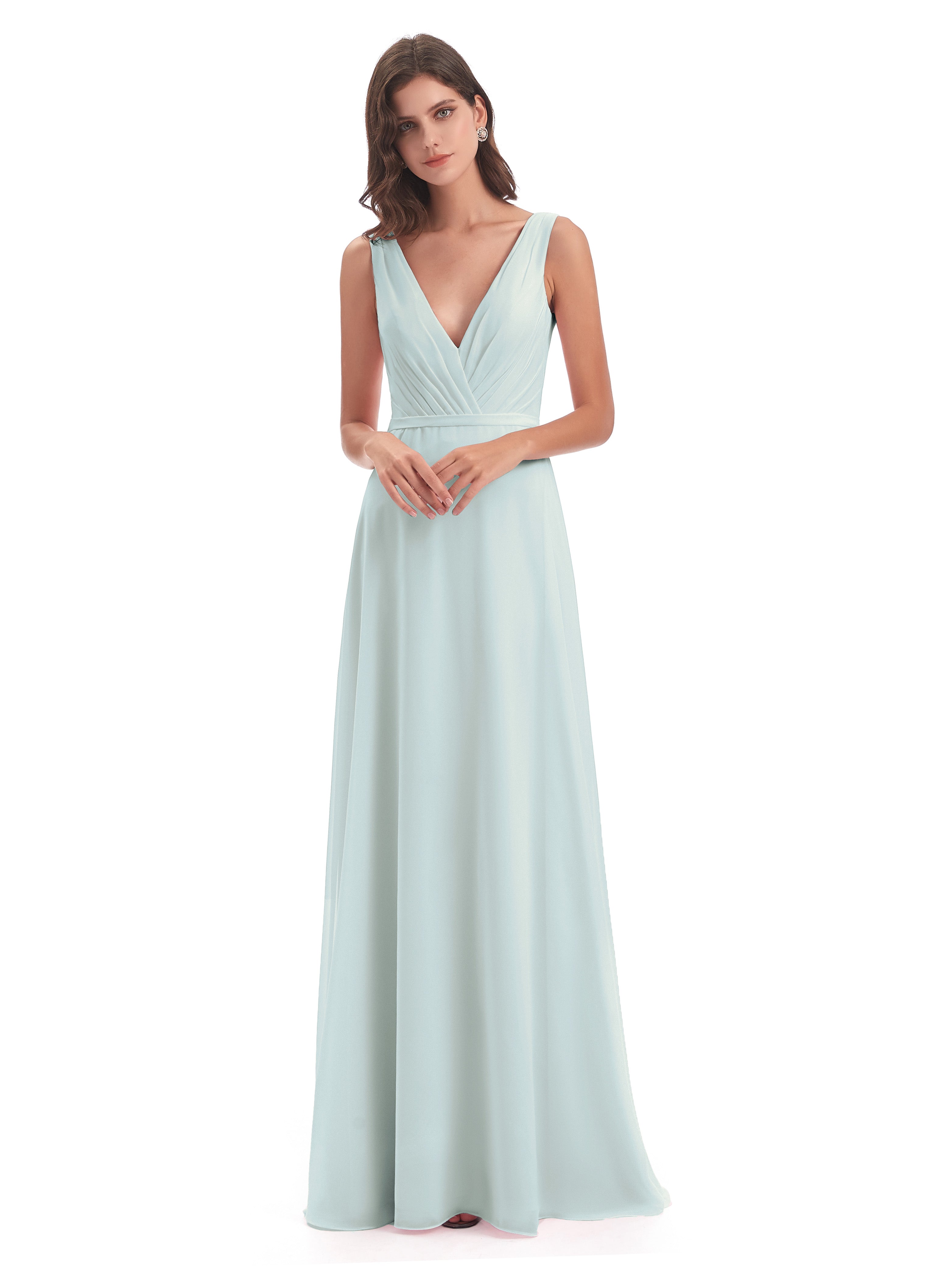 Robe Demoiselle D Honneur Vert Celadon Fourreau Col V Sans Manche Mousseline Robes Demoiselle D'Honneur