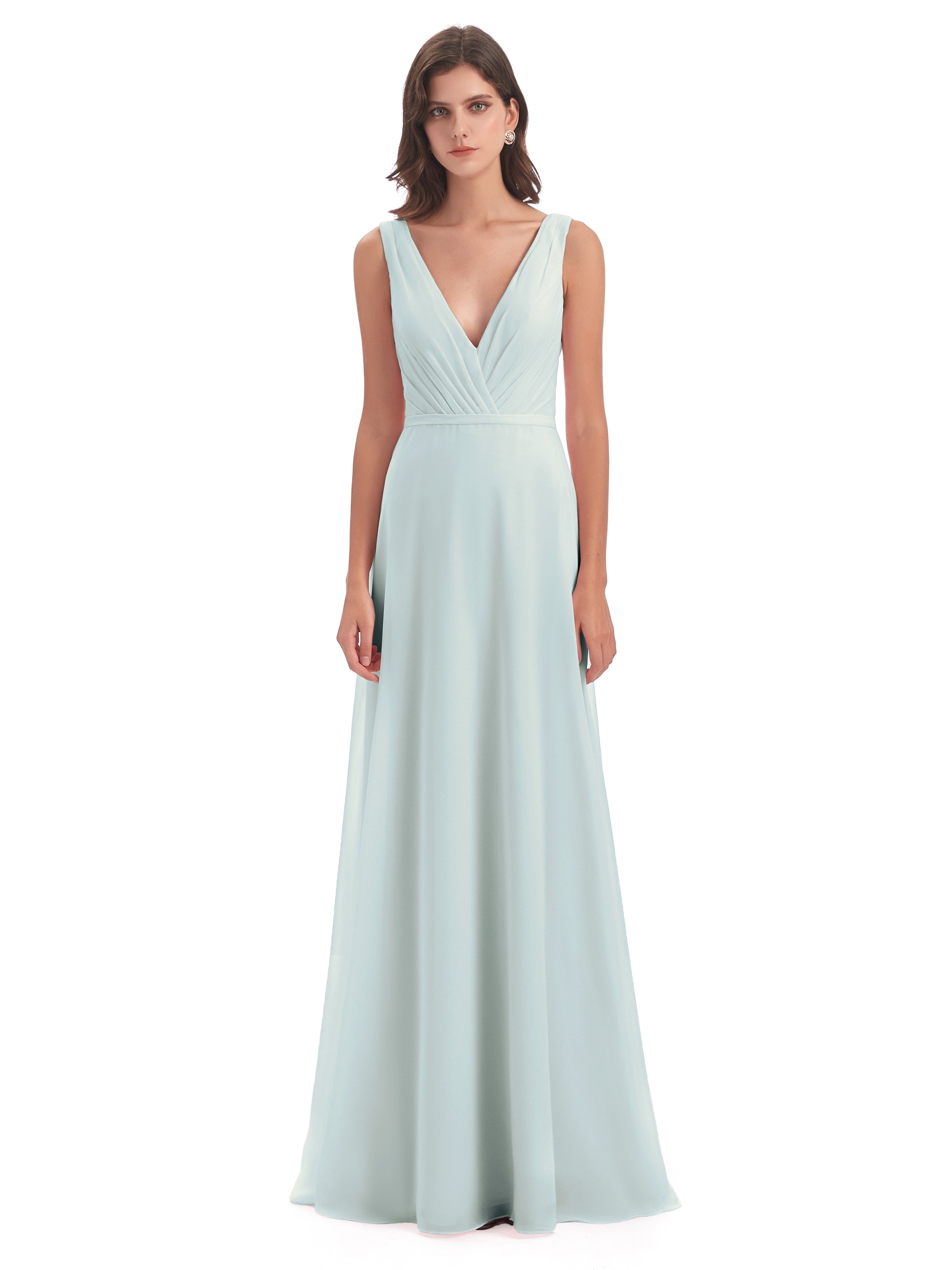 Robe Demoiselle D Honneur Vert Celadon Fourreau Col V Sans Manche Mousseline Robes Demoiselle D'Honneur