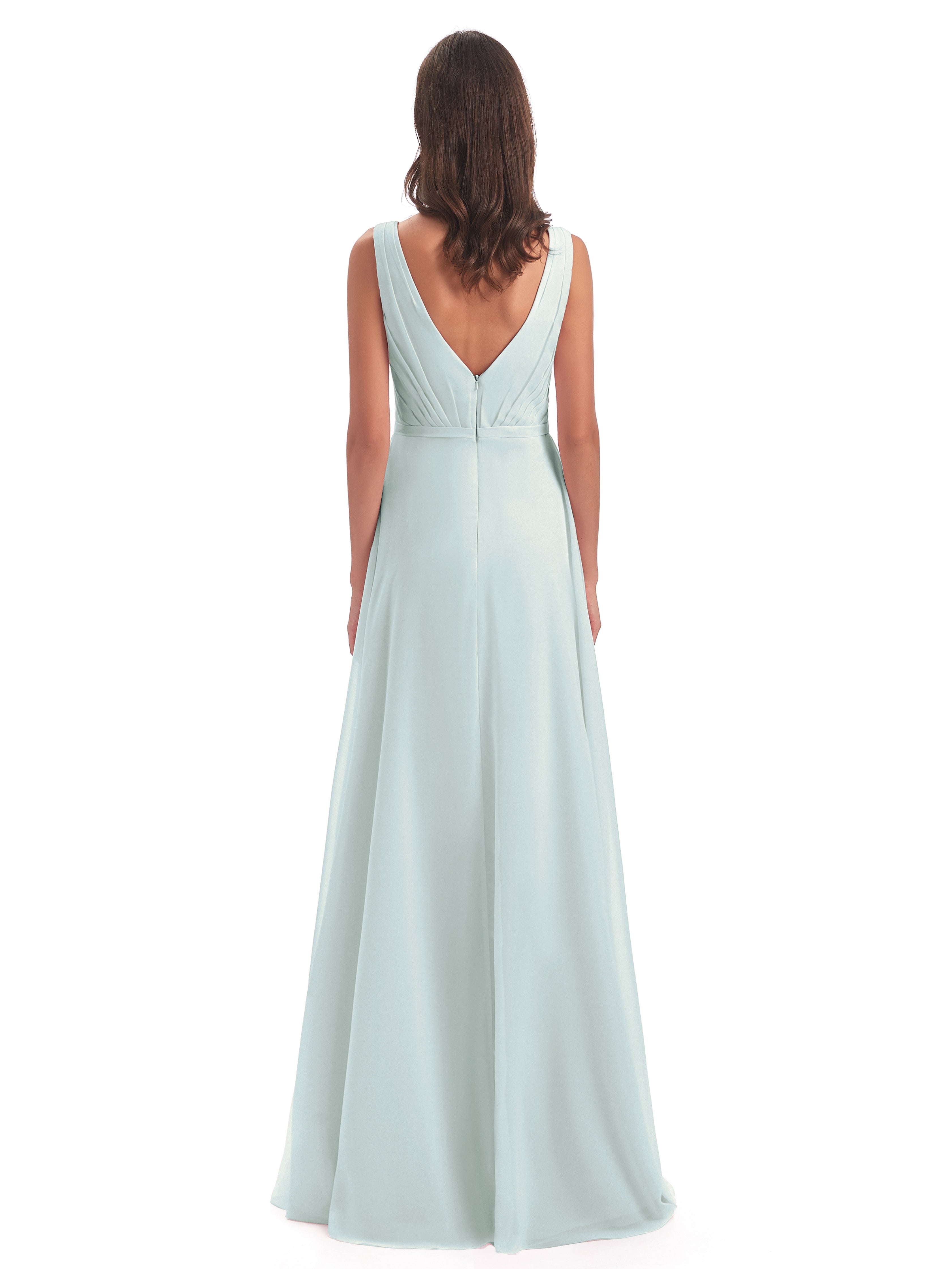 Robe Demoiselle D Honneur Vert Celadon Fourreau Col V Sans Manche Mousseline Robes Demoiselle D'Honneur