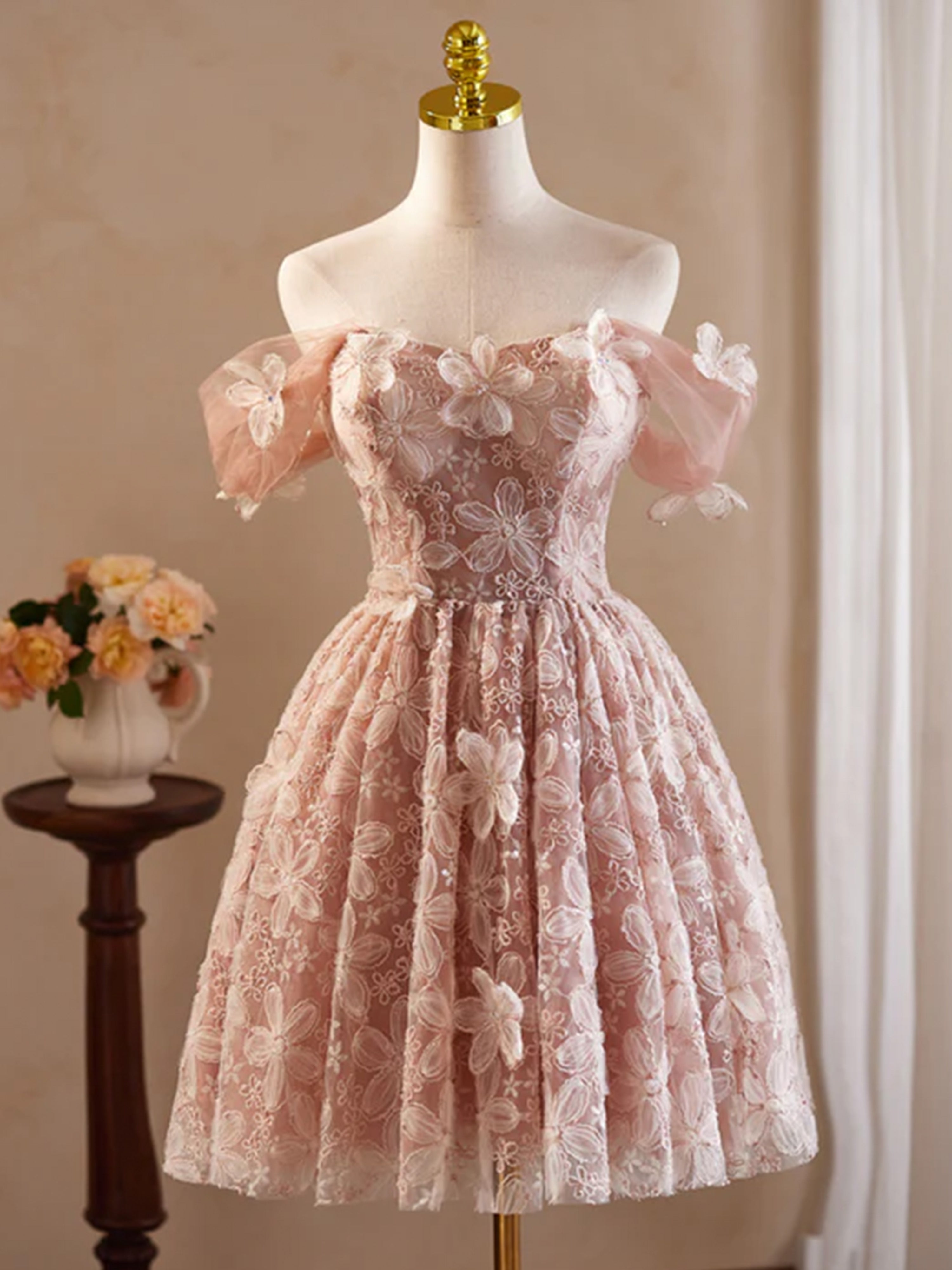 Robe de bal Rose en Tulle et Dentelle à Épaules Dénudées avec Appliques de Fleurs