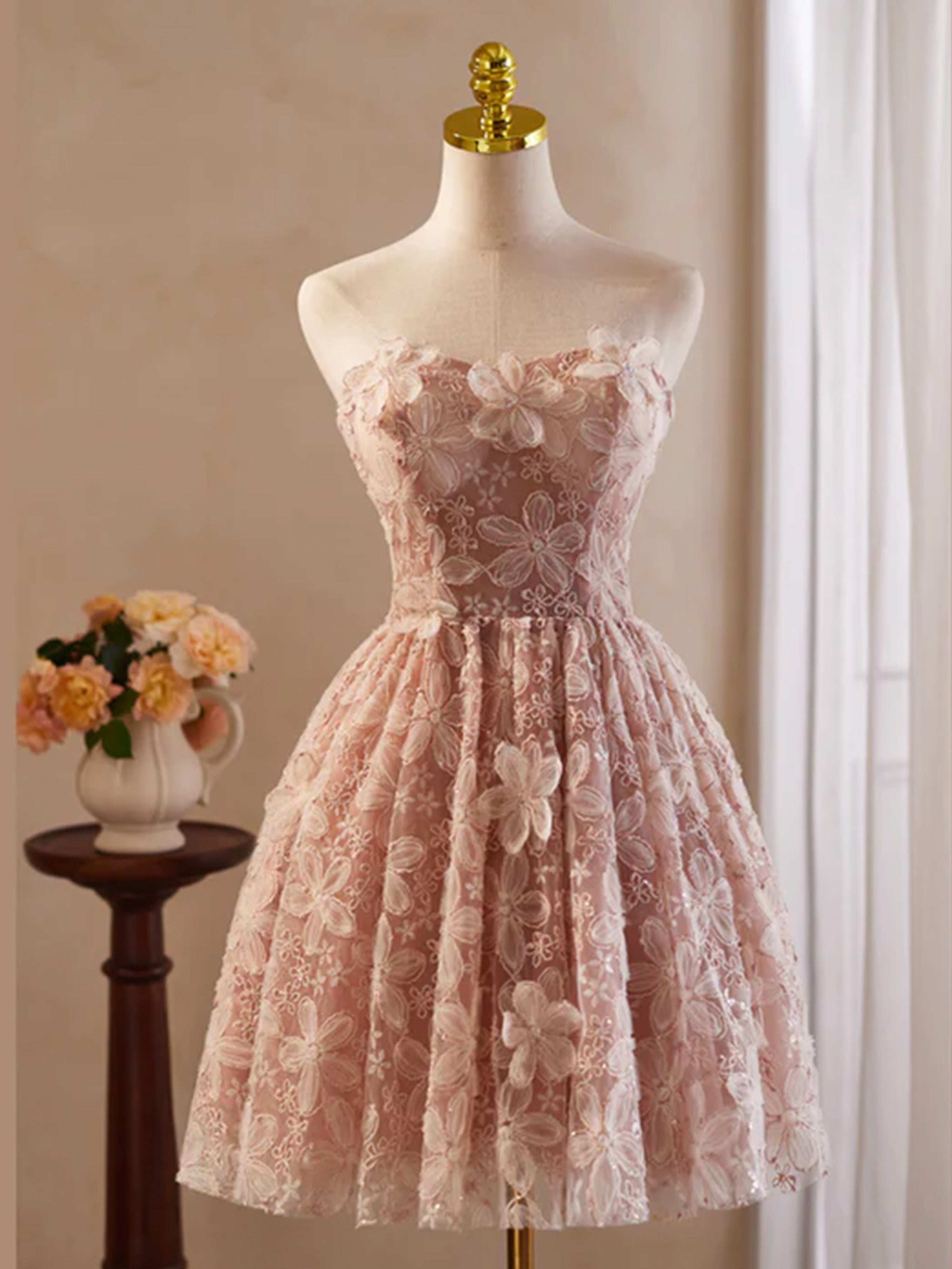 Robe de bal Rose en Tulle et Dentelle à Épaules Dénudées avec Appliques de Fleurs