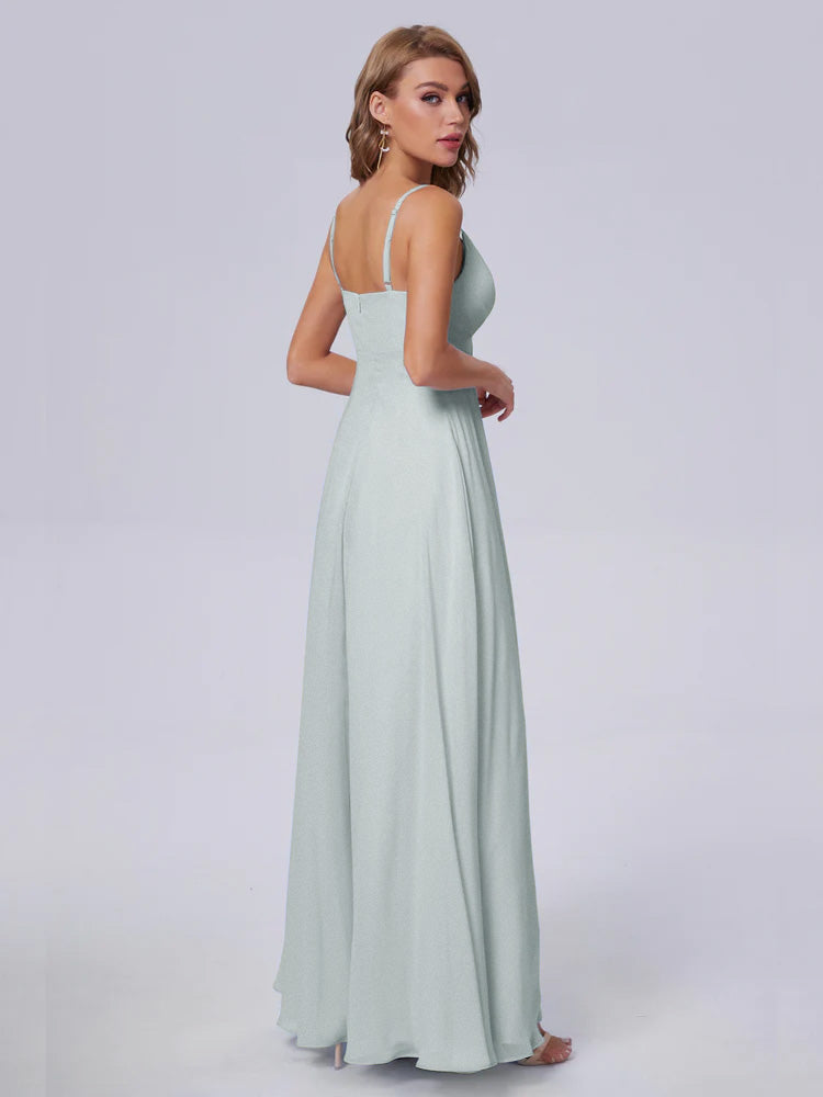 Robes De Demoiselle D'Honneur Celadon Classique Bretelles Spaghetti Mousseline Robes Demoiselle D'Honneur