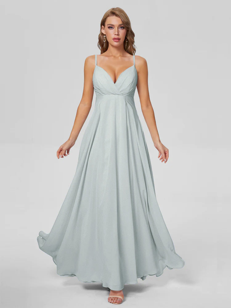 Robes De Demoiselle D'Honneur Celadon Classique Bretelles Spaghetti Mousseline Robes Demoiselle D'Honneur