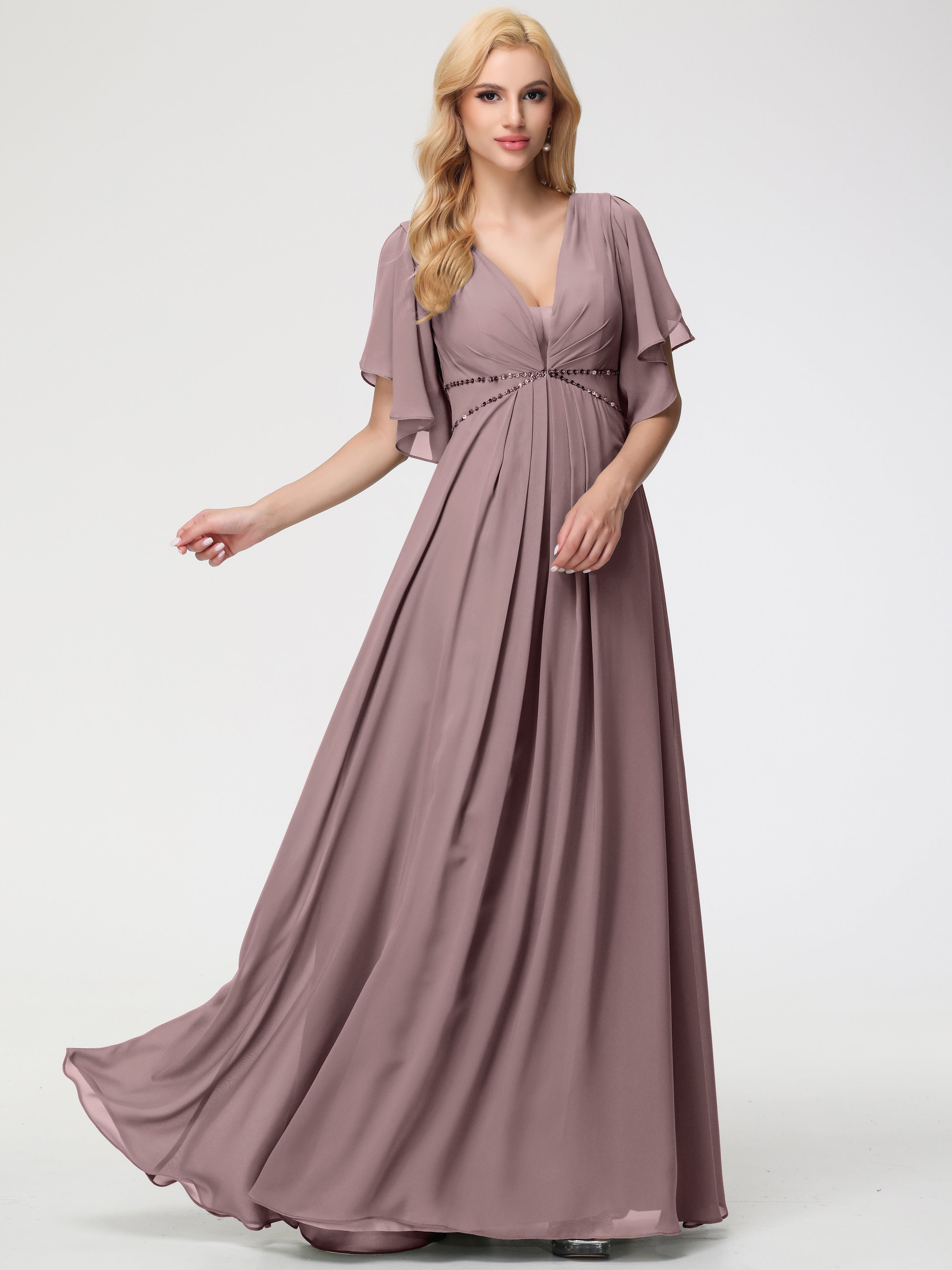 Robes De Demoiselle D'Honneur Vintage Mauve Col V Manches À Volants Fourreau/Colonne Mousseline Robe Demoiselle D'Honneur