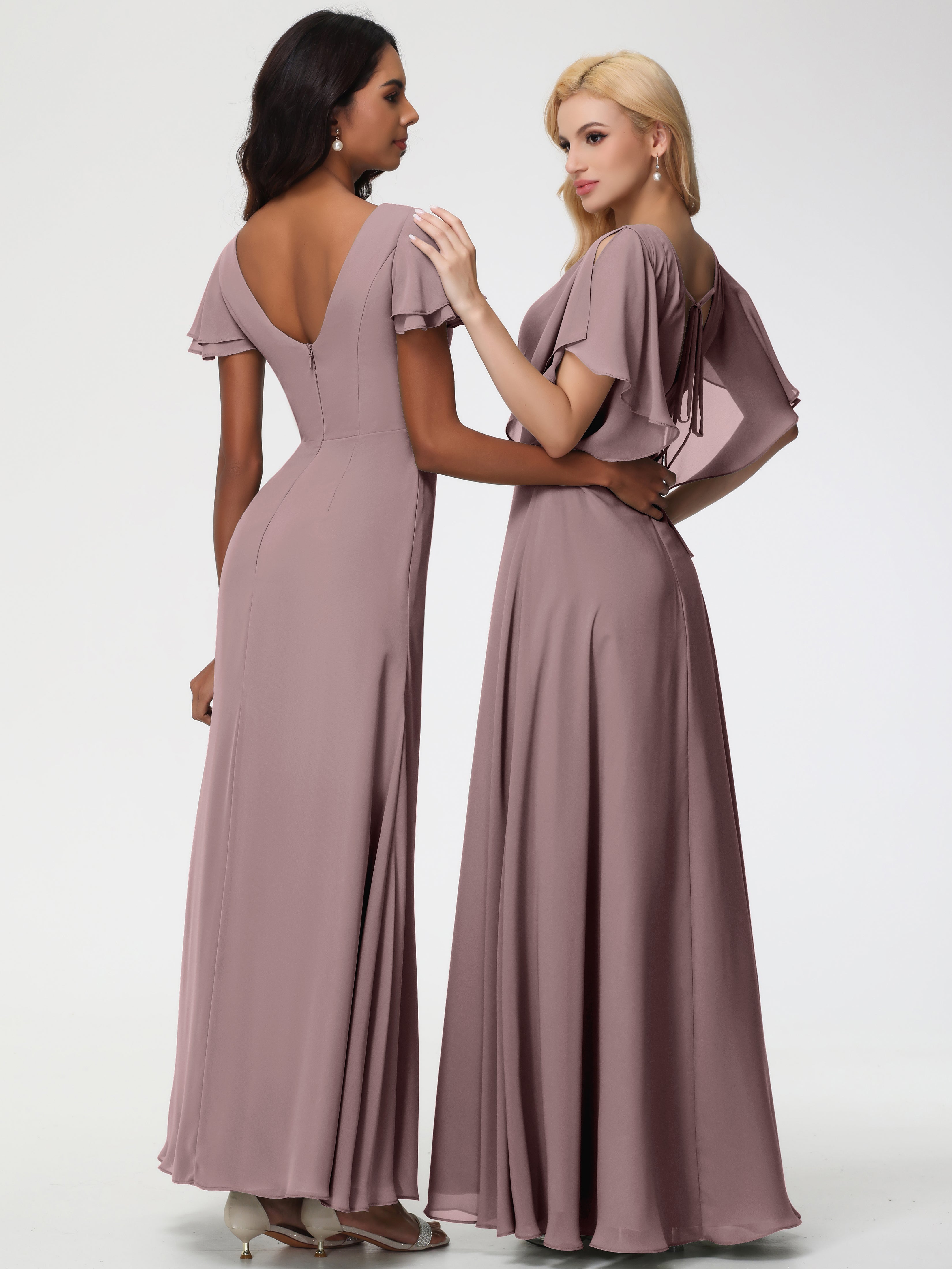 Robes De Demoiselle D'Honneur Vintage Mauve Col V Manches À Volants Fourreau/Colonne Mousseline Robe Demoiselle D'Honneur