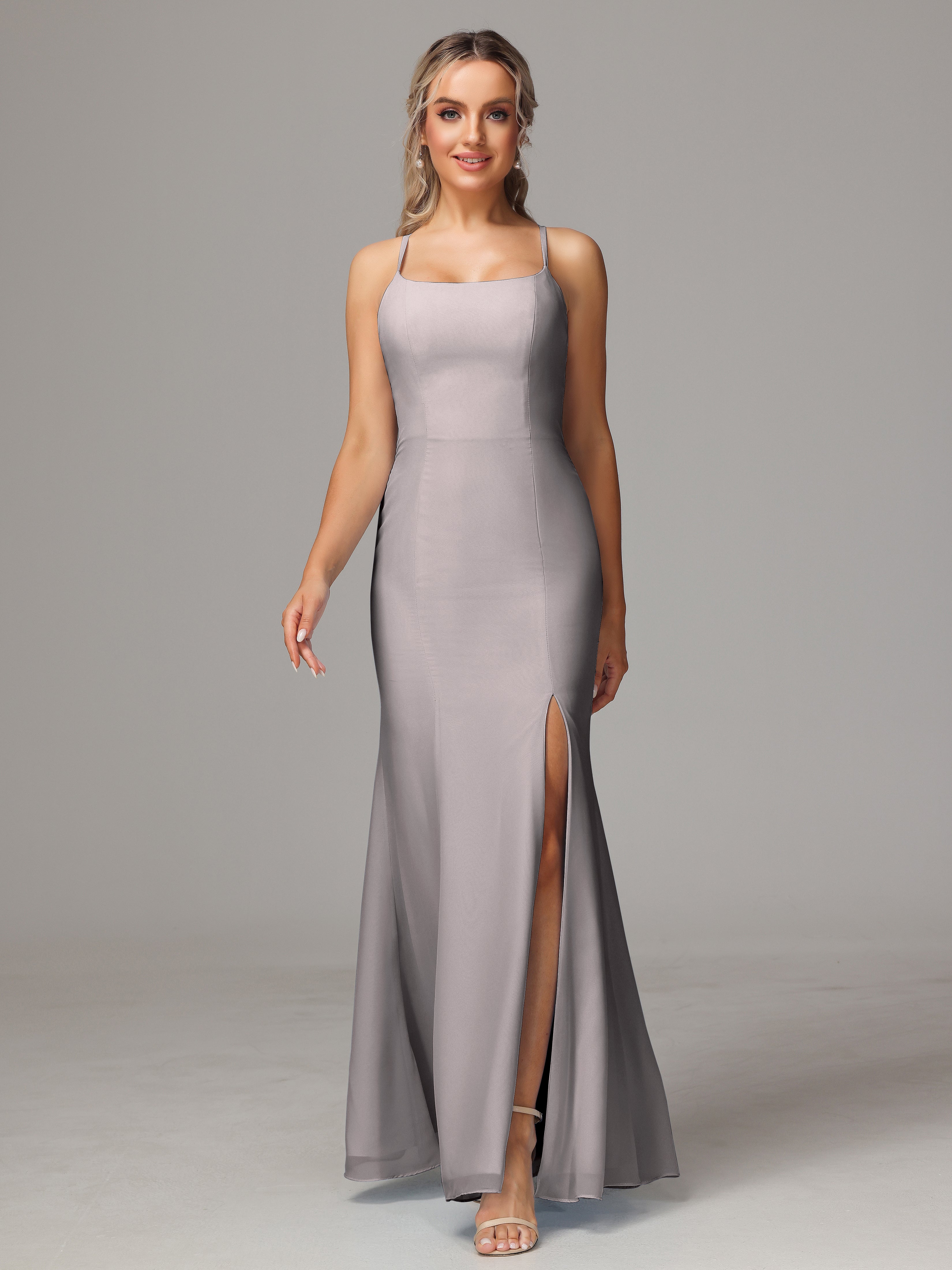 Robe Demoiselle D Honneur Argentée Leticia Fourreau Mousseline Longue Robes Demoiselle D'Honneur