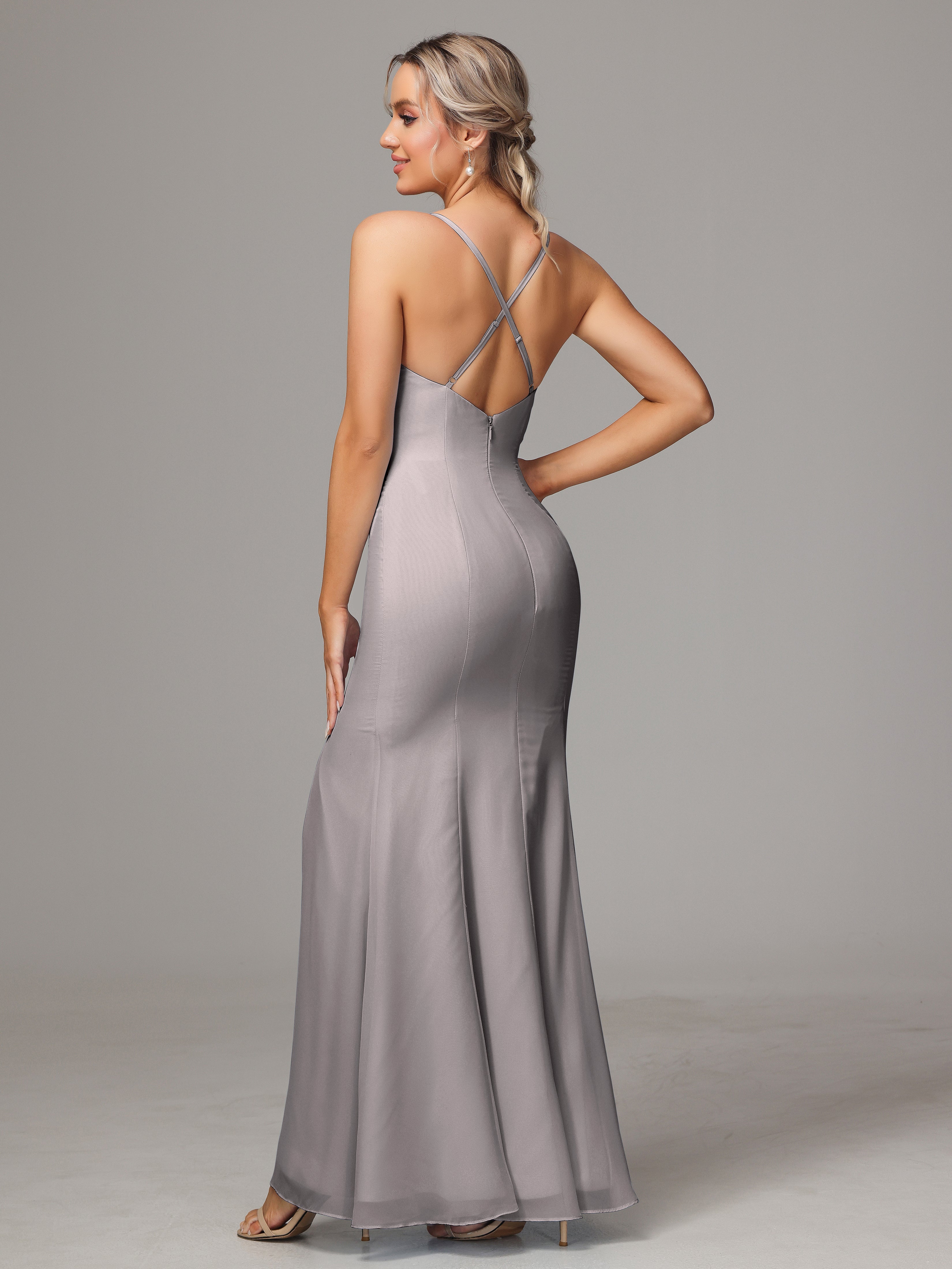 Robe Demoiselle D Honneur Argentée Leticia Fourreau Mousseline Longue Robes Demoiselle D'Honneur