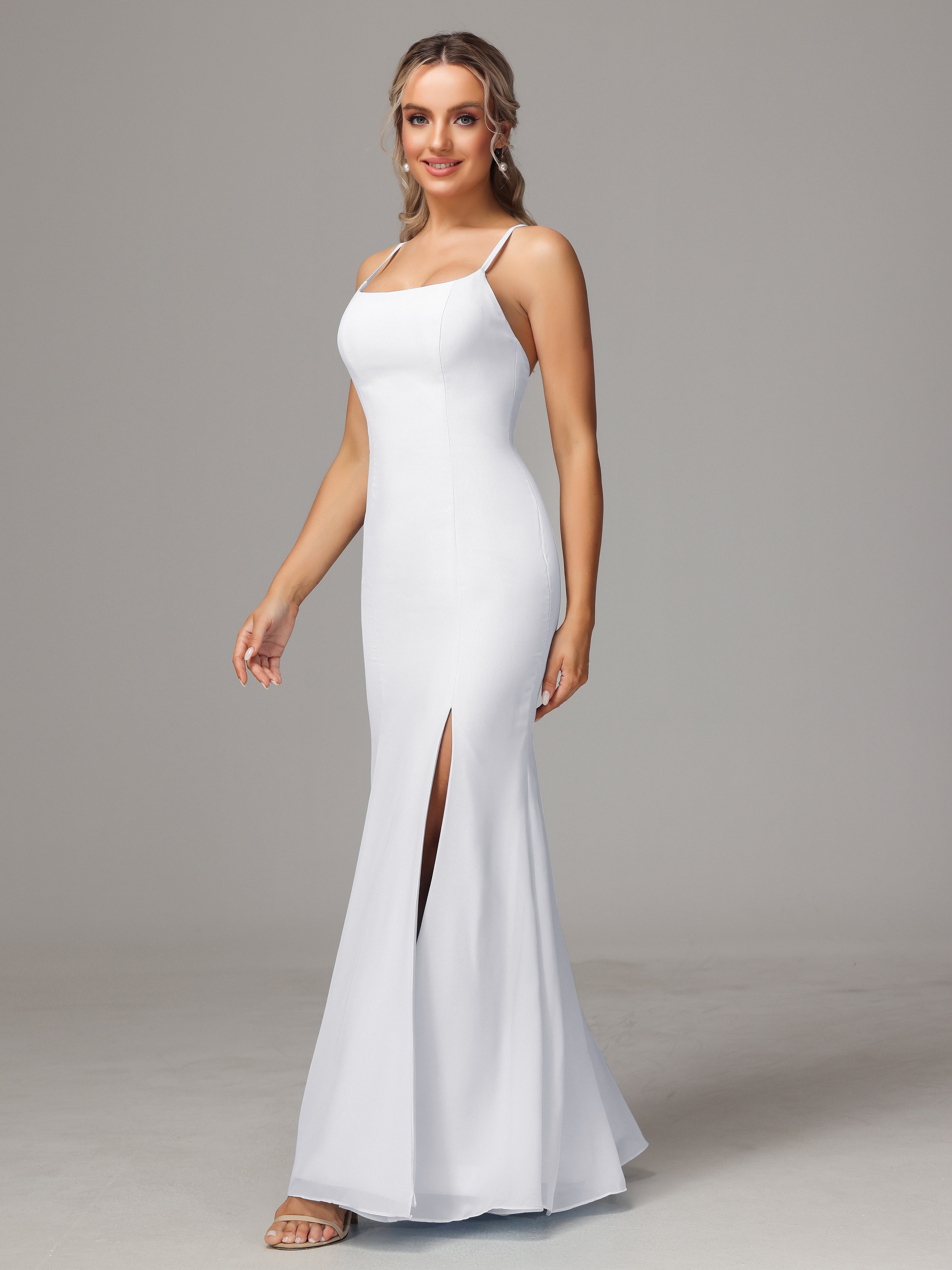 Robe Demoiselle D Honneur Blanc Leticia Fourreau Mousseline Longue Robes Demoiselle D'Honneur