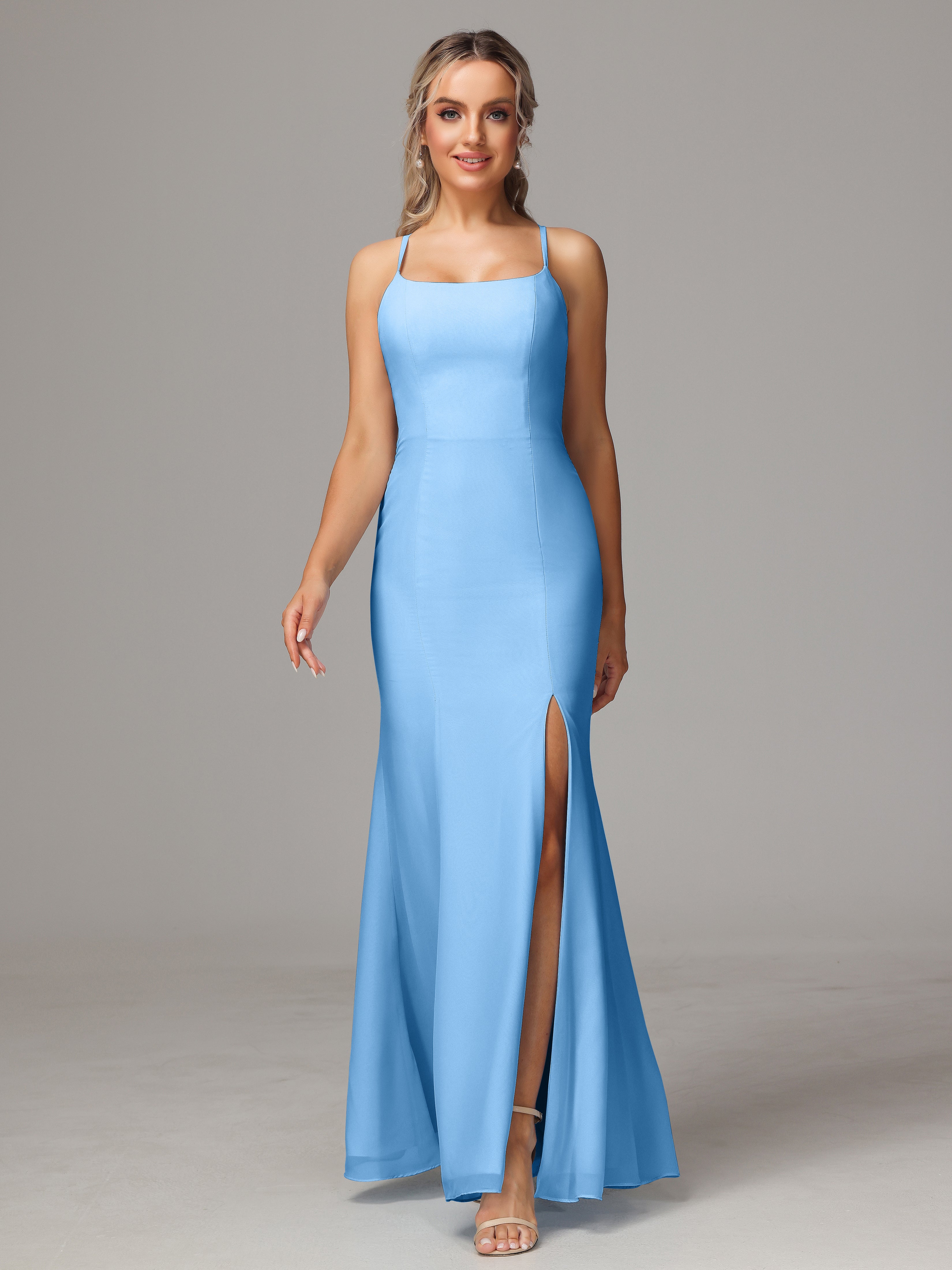 Robes De Demoiselle D'Honneur Bleu Clair Longues Leticia Fourreau Mousseline Longue Robes Demoiselle D'Honneur