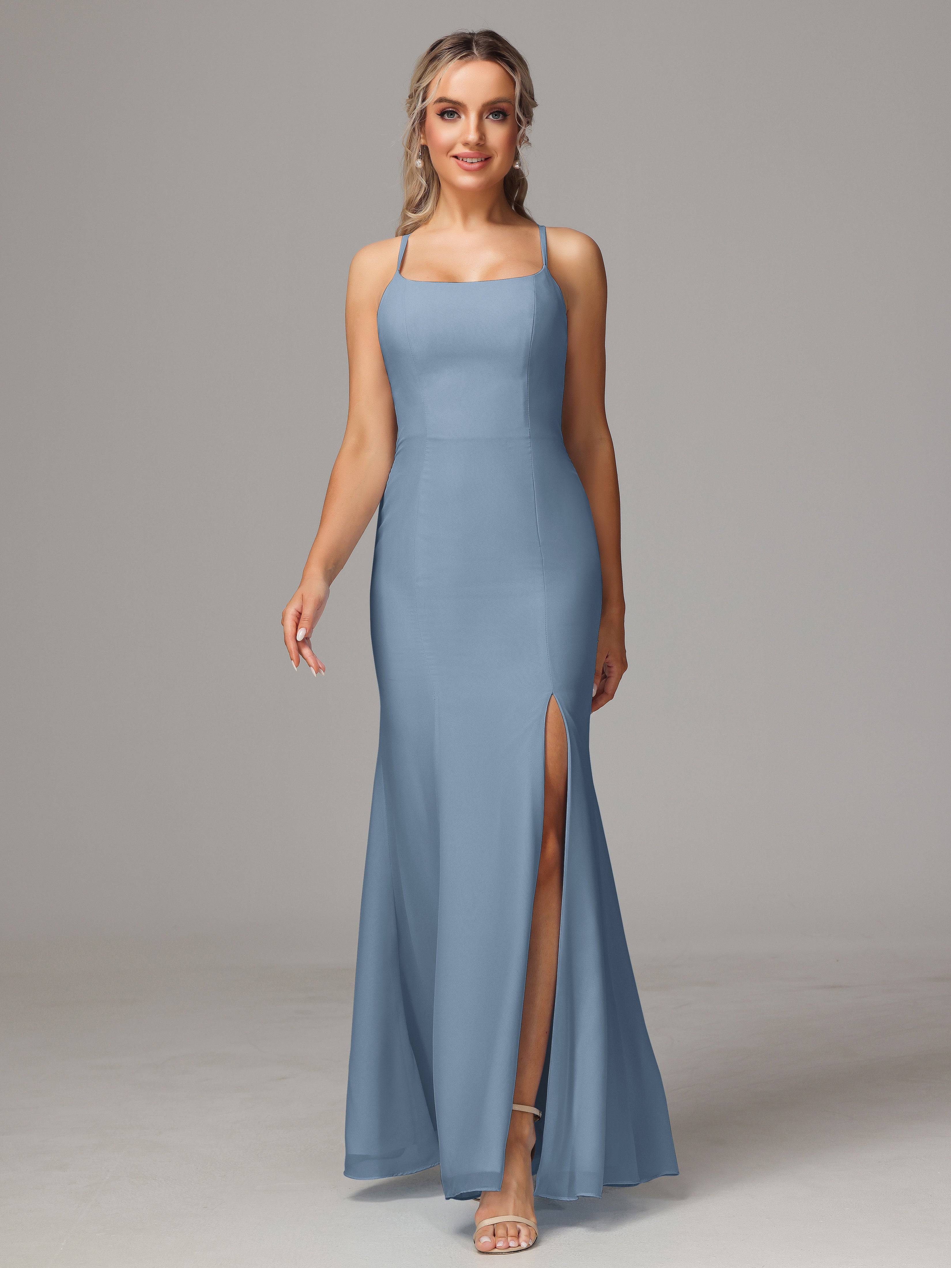 Robes De Demoiselle D'Honneur Bleu De Schiste Leticia Fourreau Mousseline Longue Robes Demoiselle D'Honneur