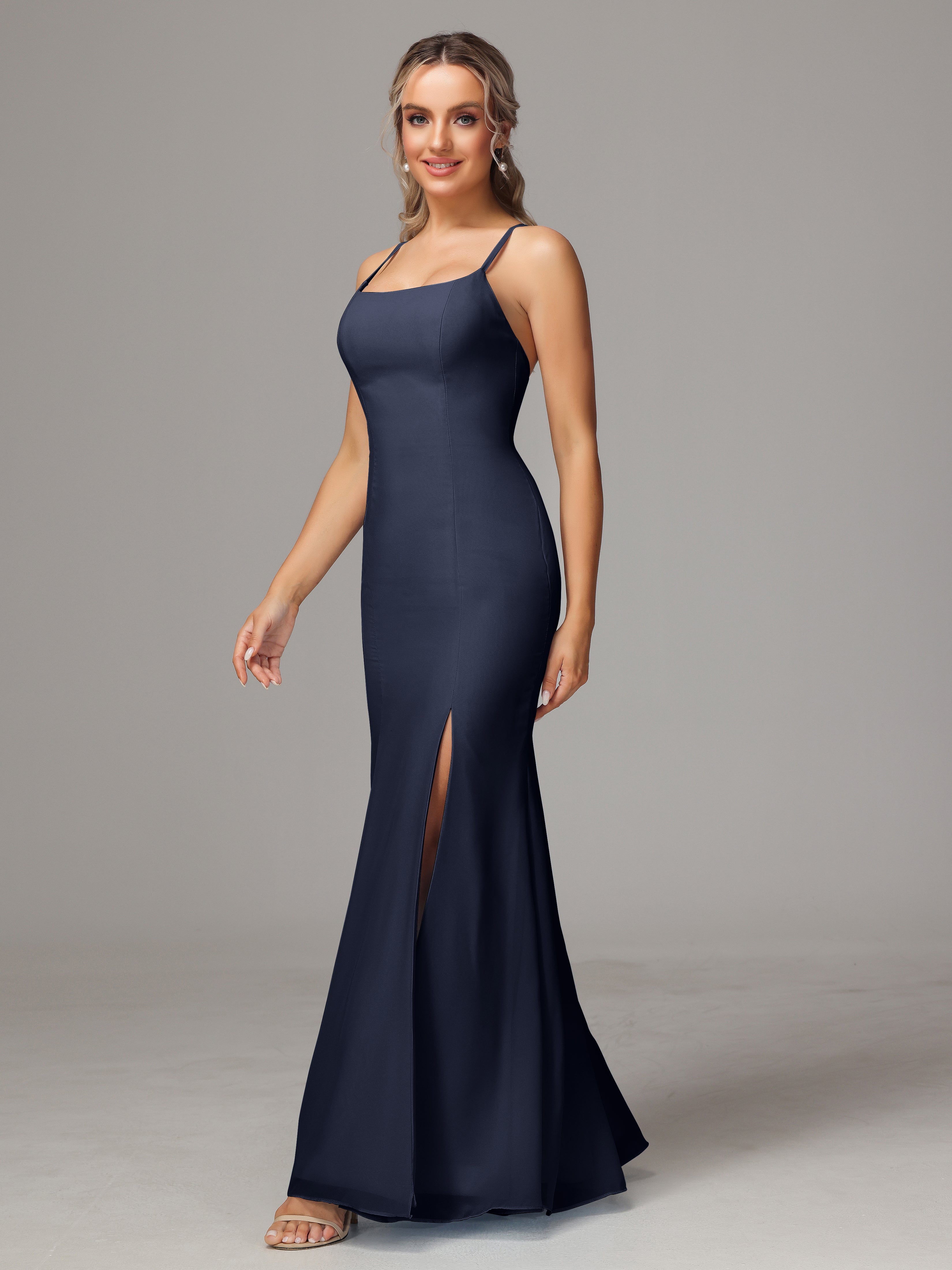 Robes De Demoiselle D'Honneur Bleu Marine Leticia Fourreau Mousseline Longue Robes Demoiselle D'Honneur