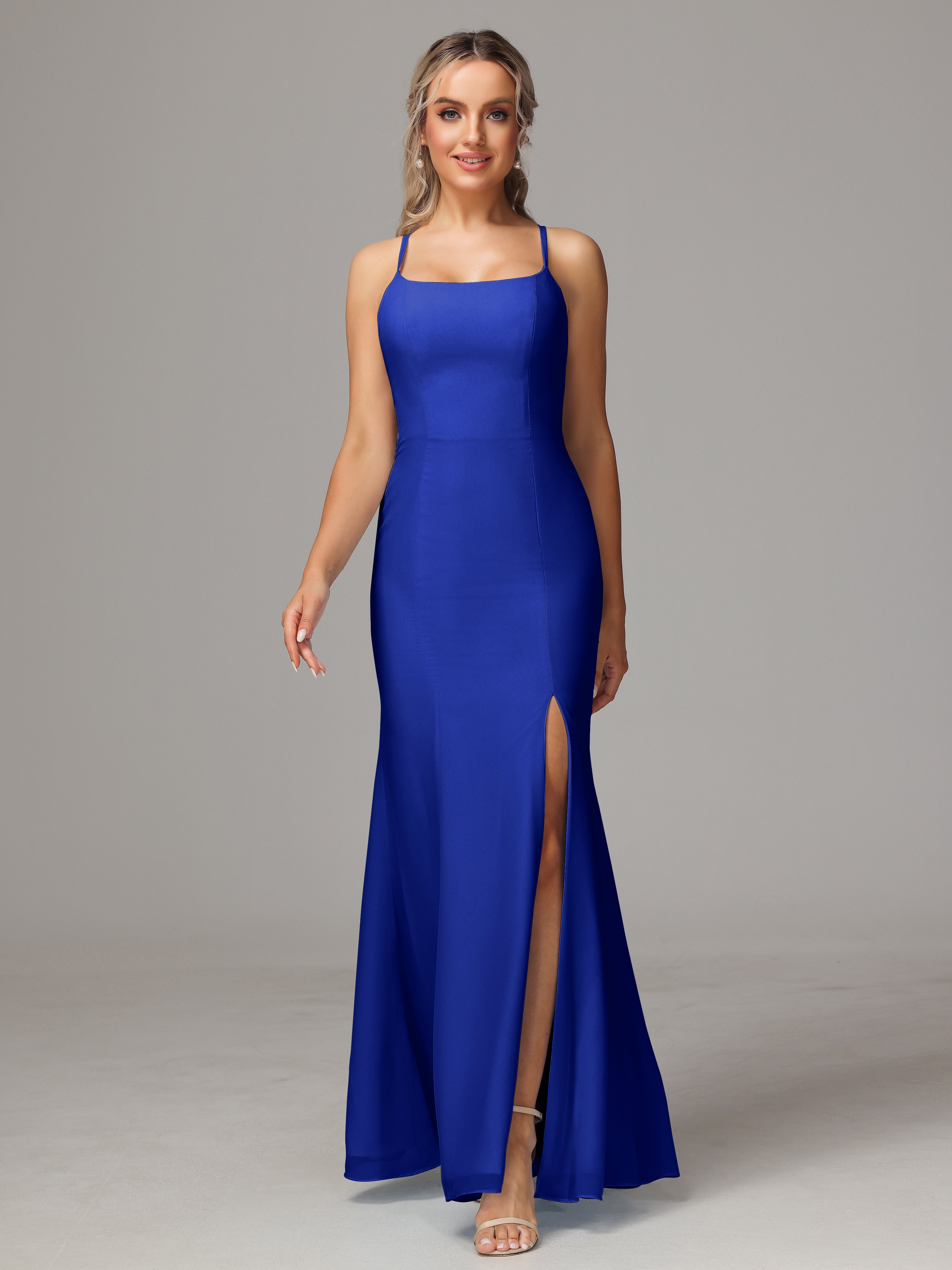 Robe Demoiselle D Honneur Bleu Royal Leticia Fourreau Mousseline Longue Robes Demoiselle D'Honneur