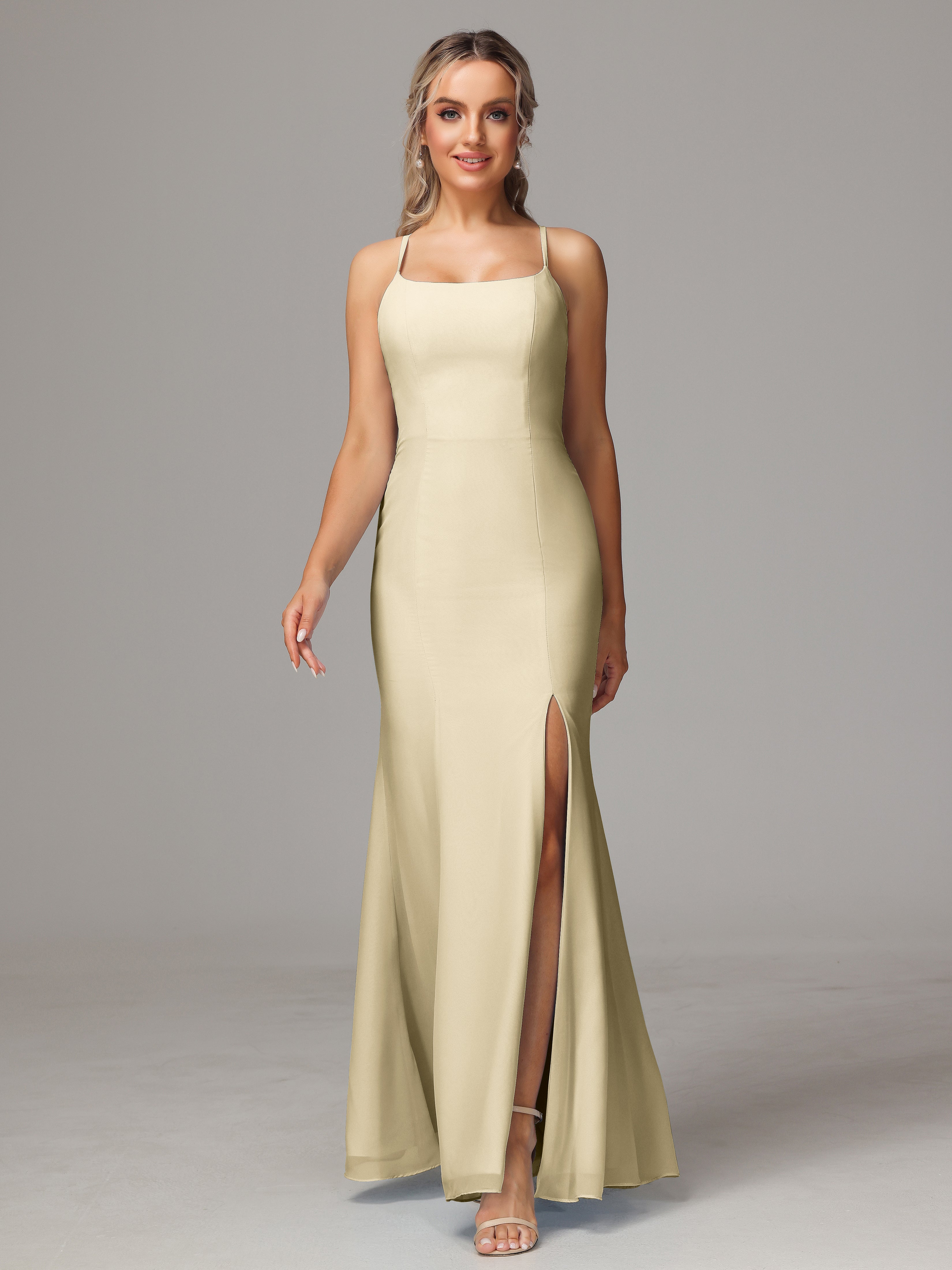 Robe Demoiselle D Honneur Champagne Leticia Fourreau Mousseline Longue Robes Demoiselle D'Honneur