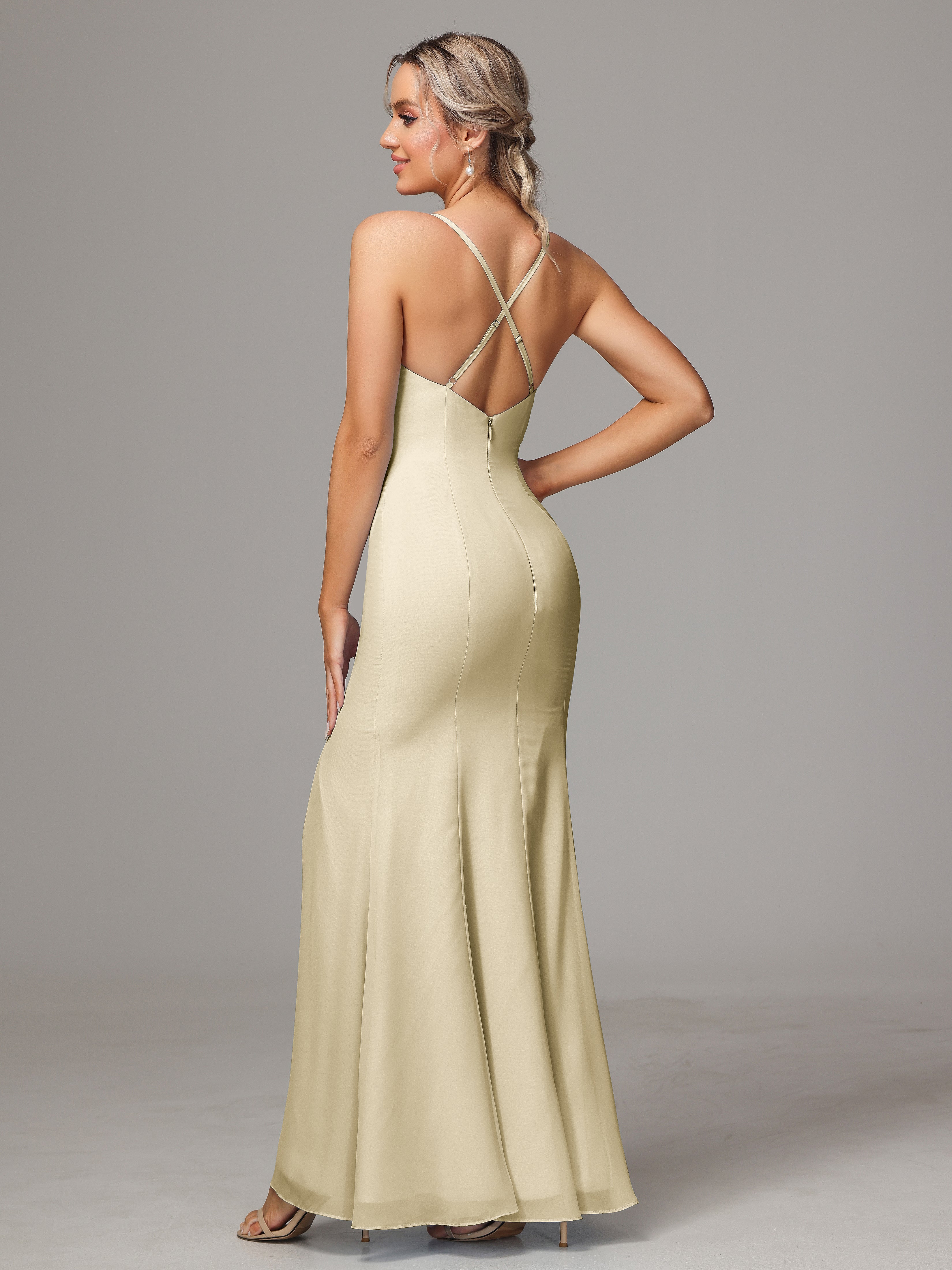 Robe Demoiselle D Honneur Champagne Leticia Fourreau Mousseline Longue Robes Demoiselle D'Honneur