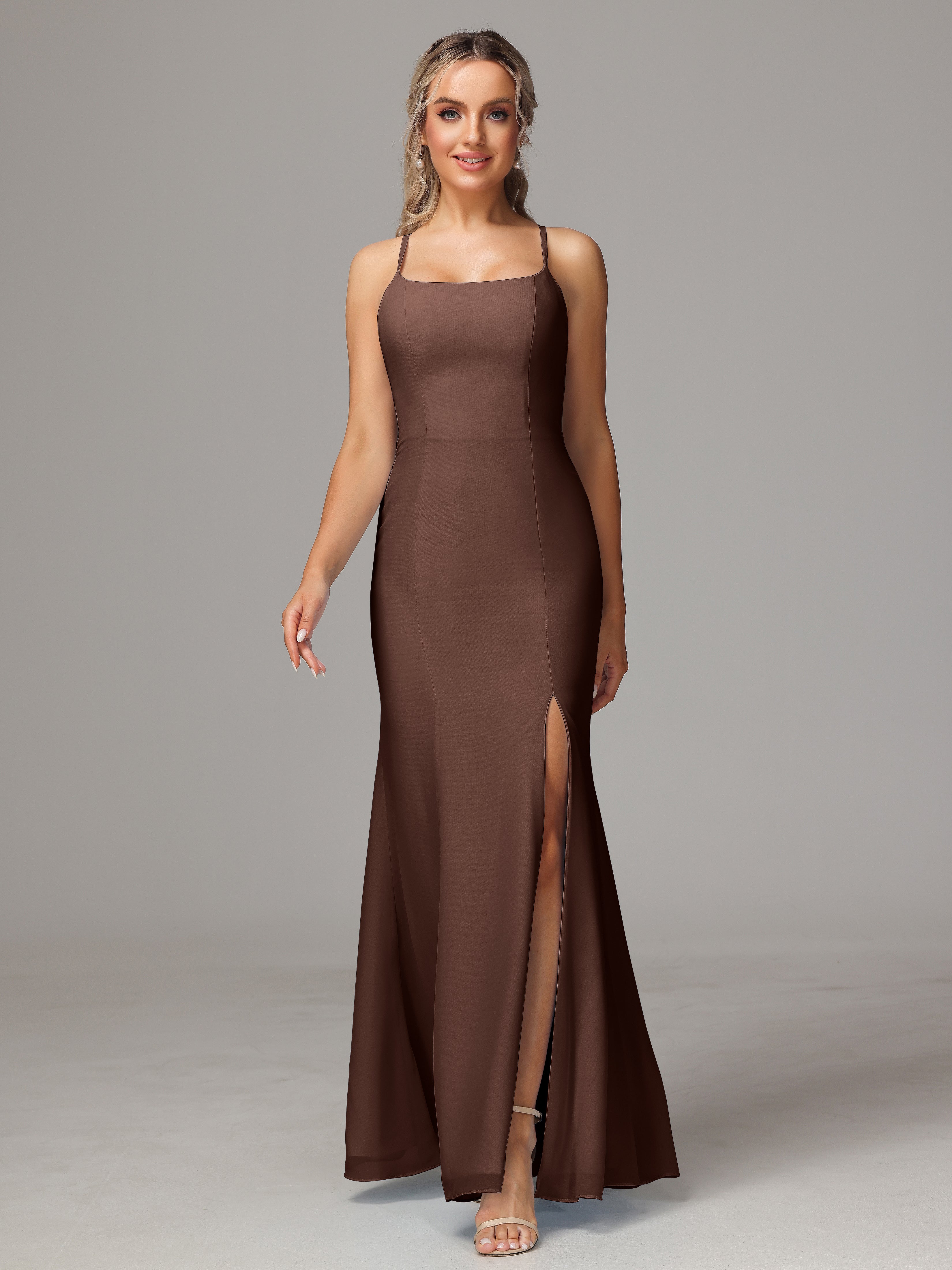 Robe Marron Chocolat Demoiselle D Honneur Leticia Fourreau Mousseline Longue Robes Demoiselle D'Honneur