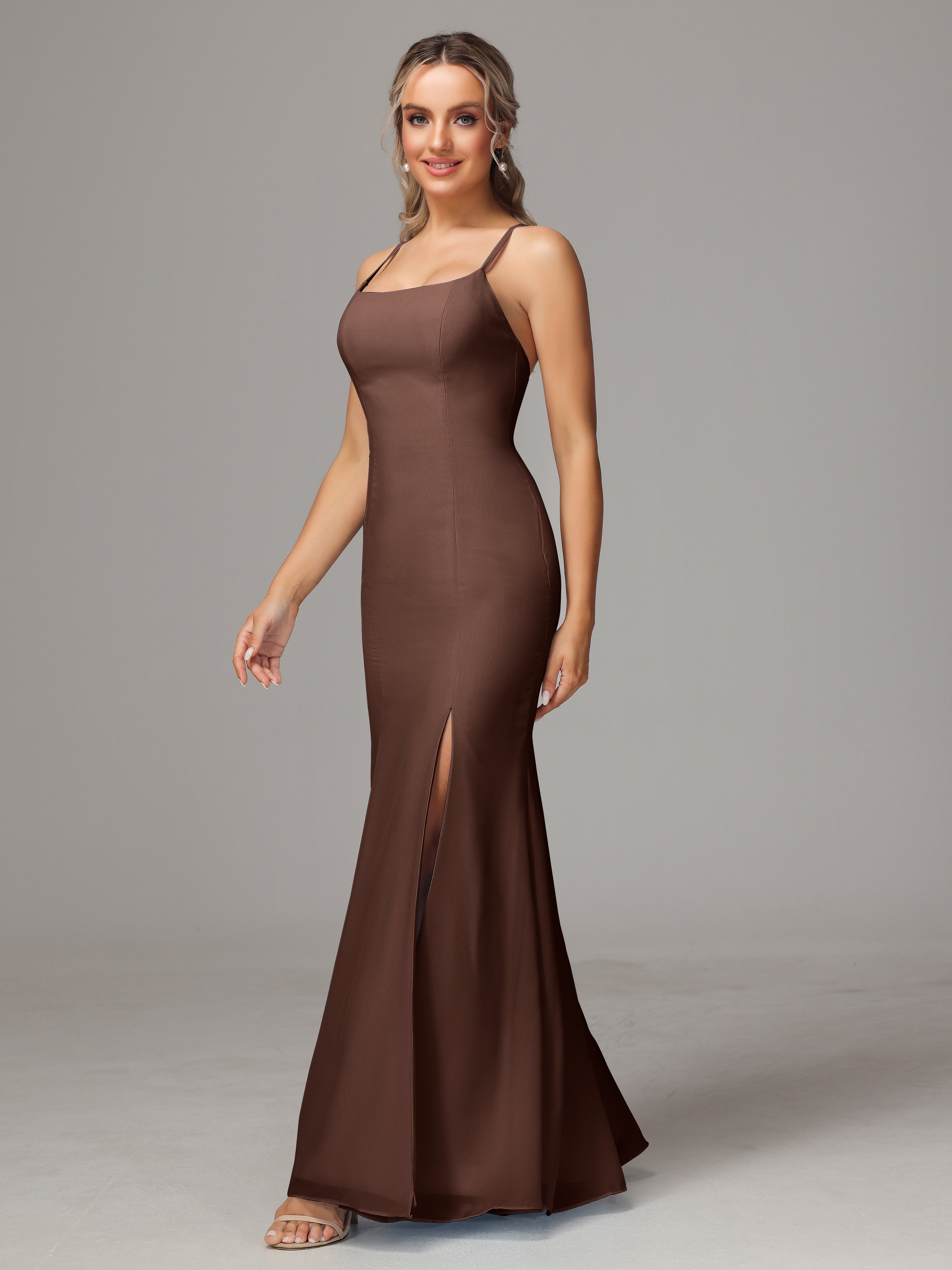 Robe Marron Chocolat Demoiselle D Honneur Leticia Fourreau Mousseline Longue Robes Demoiselle D'Honneur