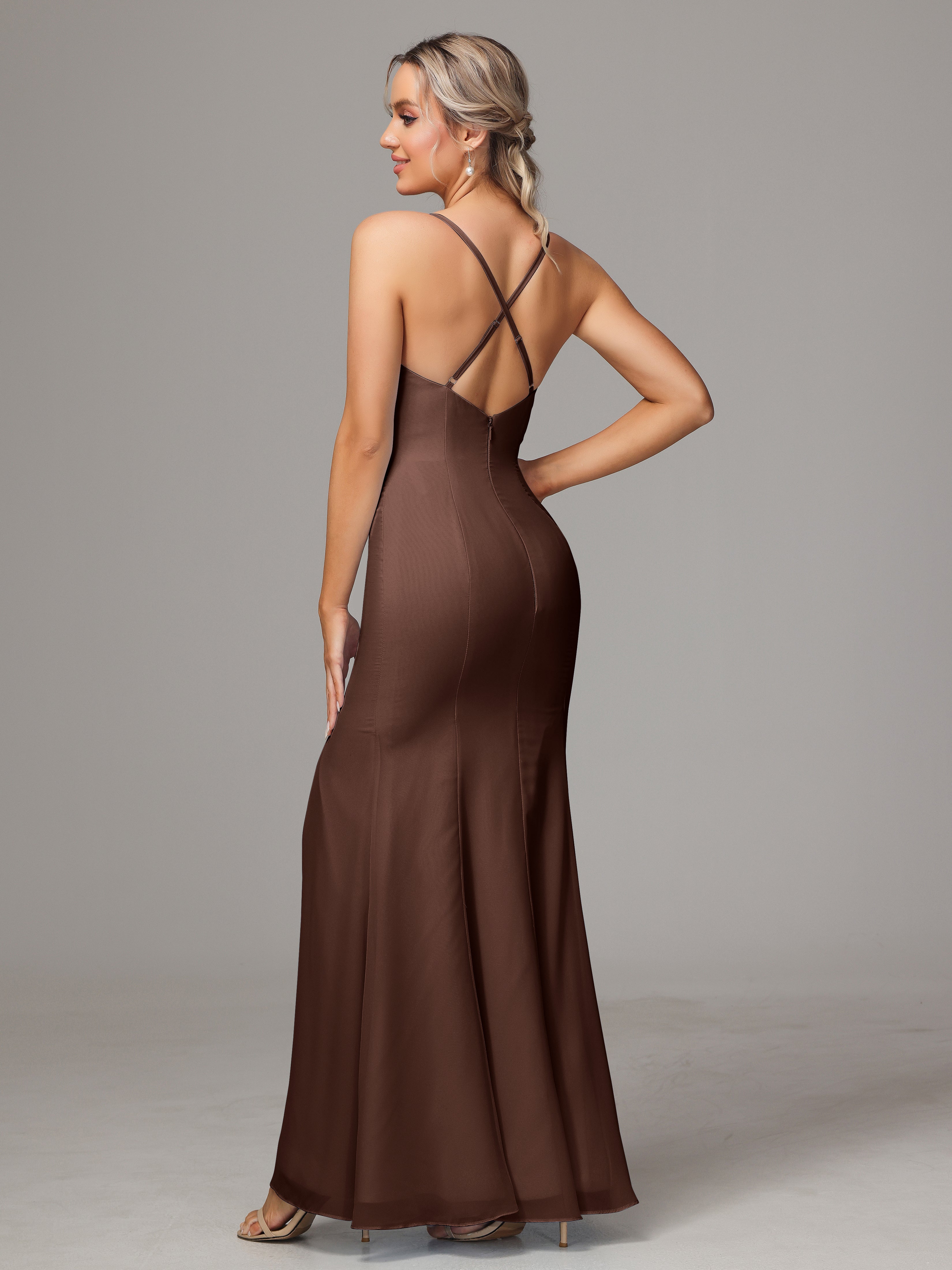 Robe Marron Chocolat Demoiselle D Honneur Leticia Fourreau Mousseline Longue Robes Demoiselle D'Honneur