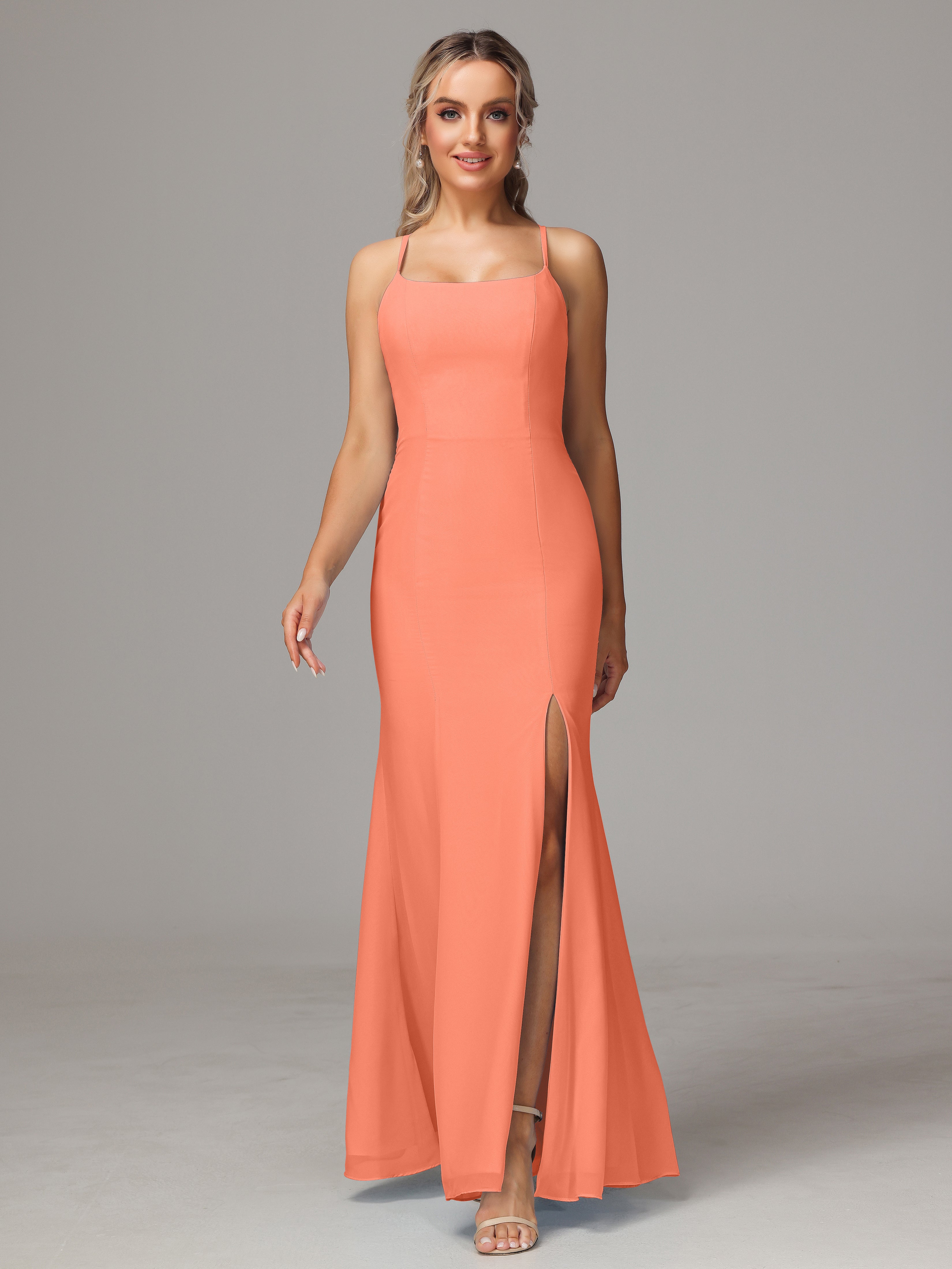 Robes De Demoiselle D'Honneur Coucher De Soleil Leticia Fourreau Mousseline Longue Robes Demoiselle D'Honneur