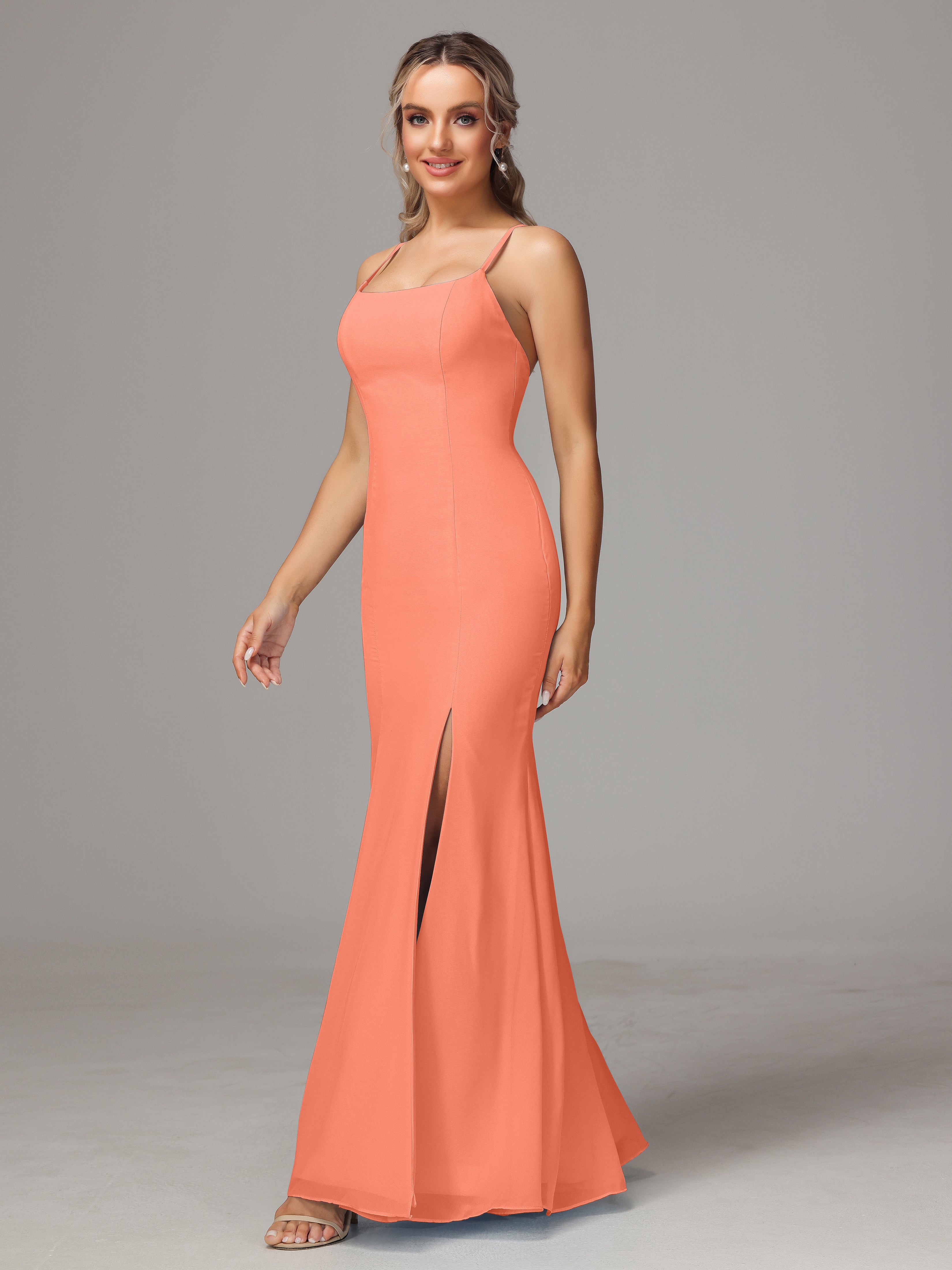 Robes De Demoiselle D'Honneur Coucher De Soleil Leticia Fourreau Mousseline Longue Robes Demoiselle D'Honneur