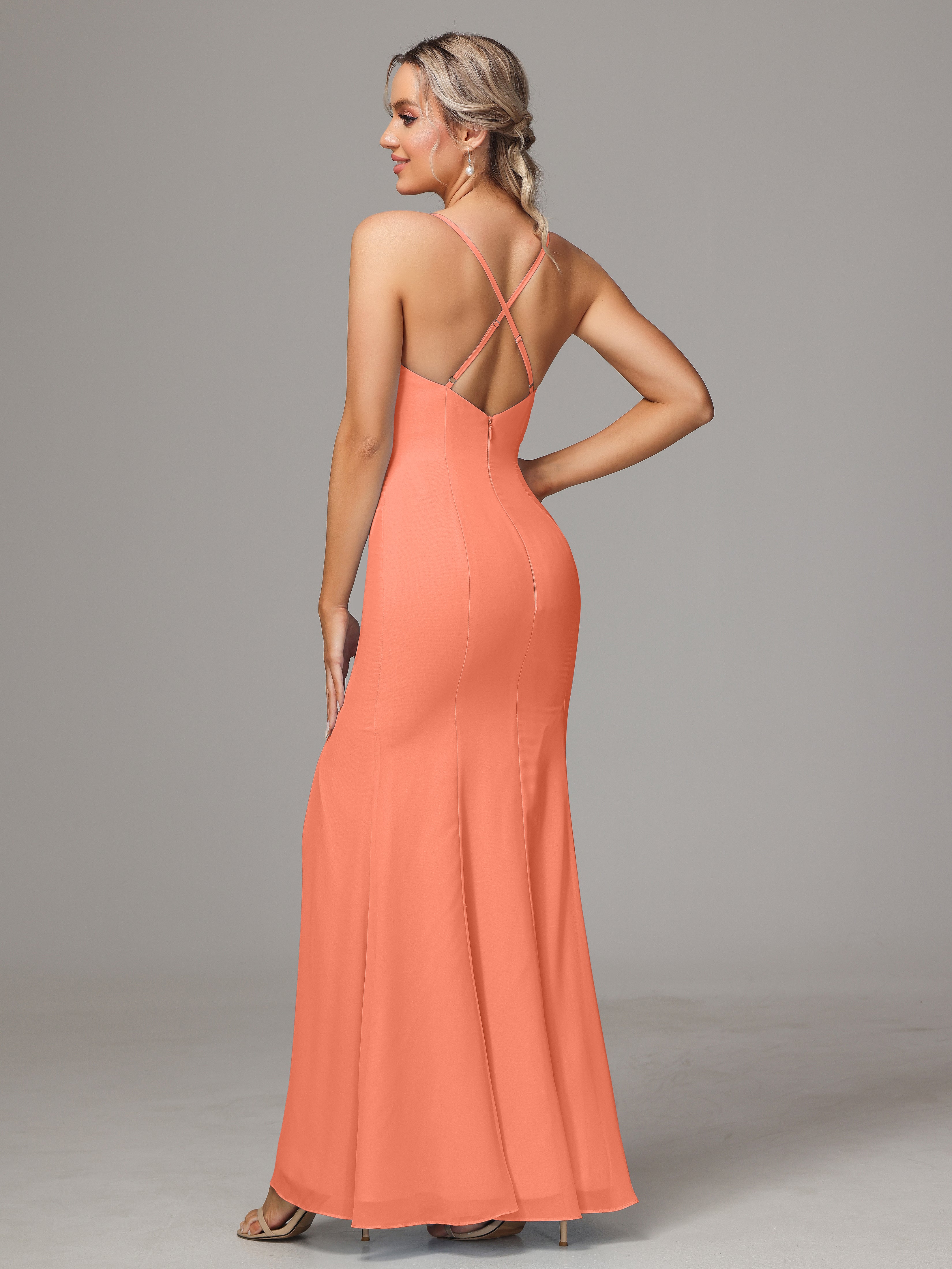 Robes De Demoiselle D'Honneur Coucher De Soleil Leticia Fourreau Mousseline Longue Robes Demoiselle D'Honneur