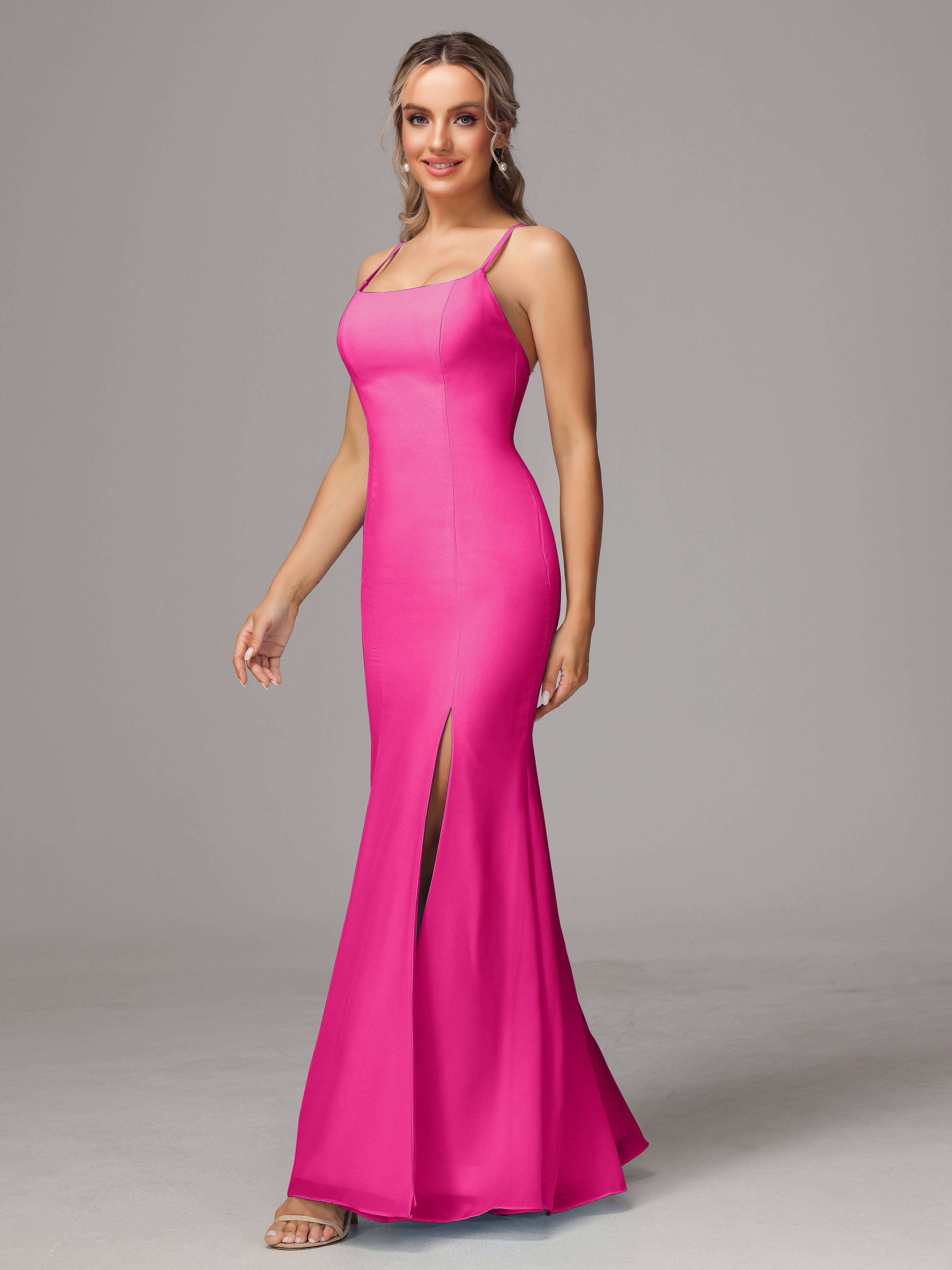 Robe Demoiselle D Honneur Fuchsia Leticia Fourreau Mousseline Longue Robes Demoiselle D'Honneur
