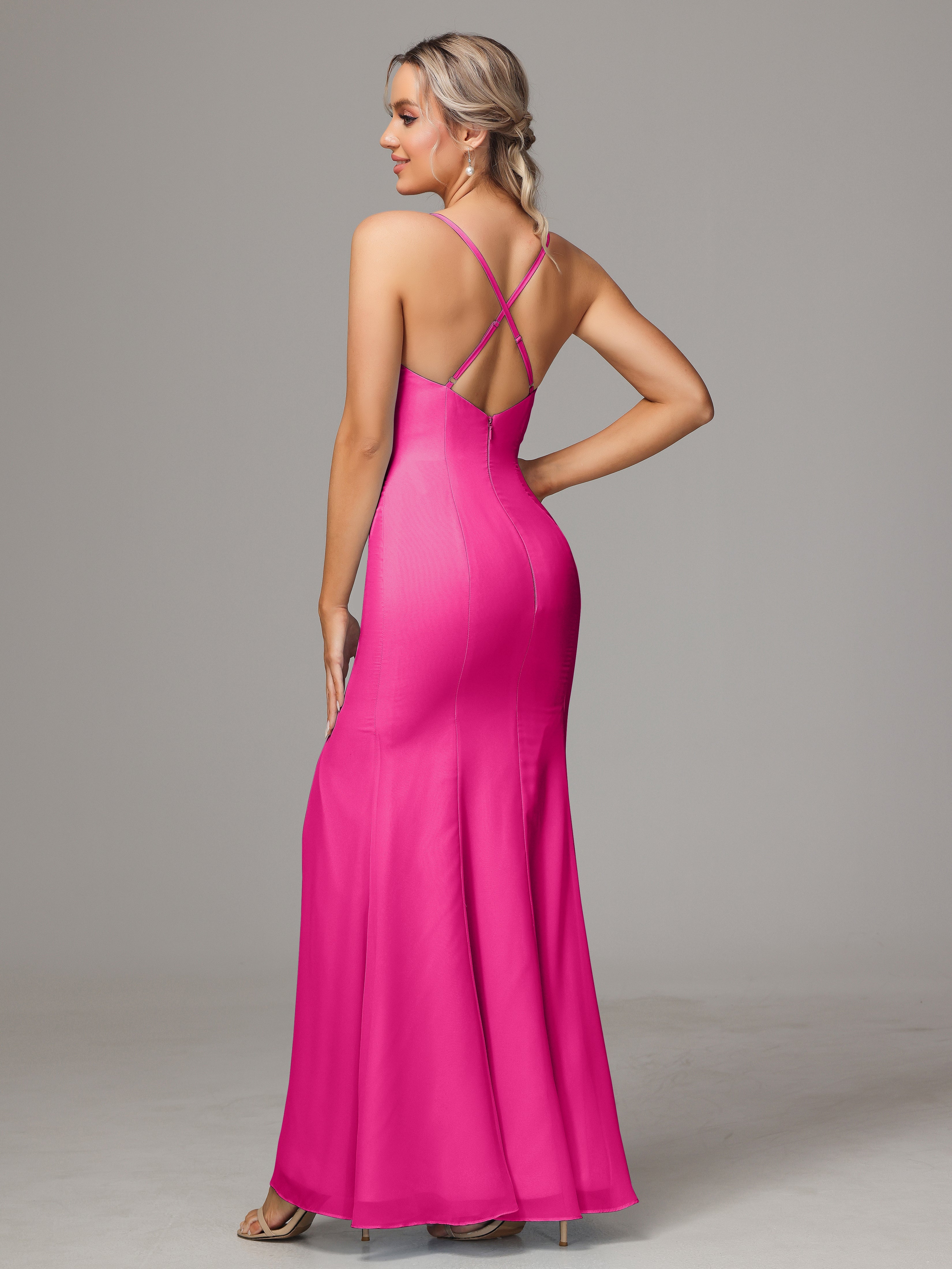 Robe Demoiselle D Honneur Fuchsia Leticia Fourreau Mousseline Longue Robes Demoiselle D'Honneur