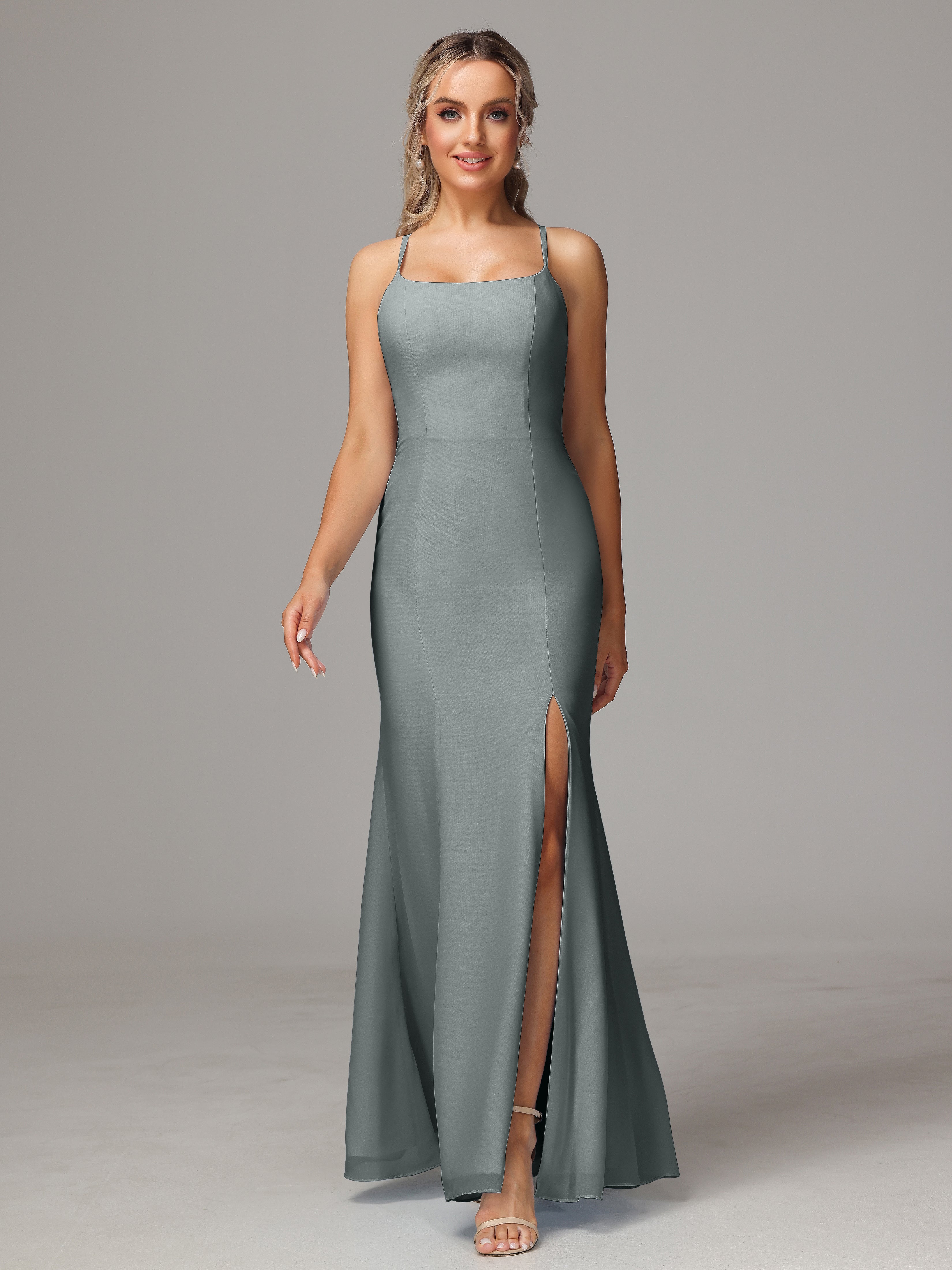 Robe Demoiselle D Honneur Gris Leticia Fourreau Mousseline Longue Robes Demoiselle D'Honneur