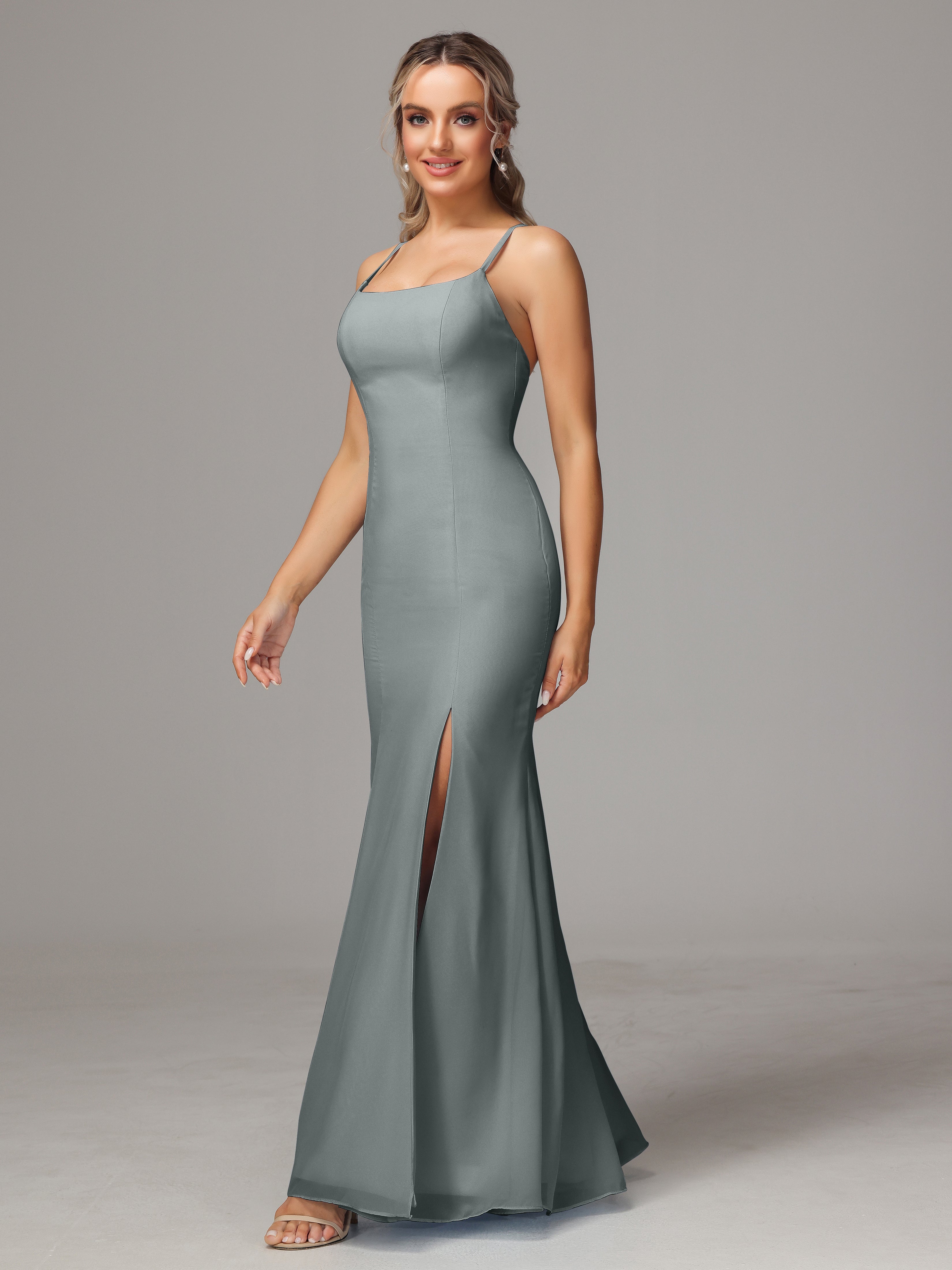 Robe Demoiselle D Honneur Gris Leticia Fourreau Mousseline Longue Robes Demoiselle D'Honneur