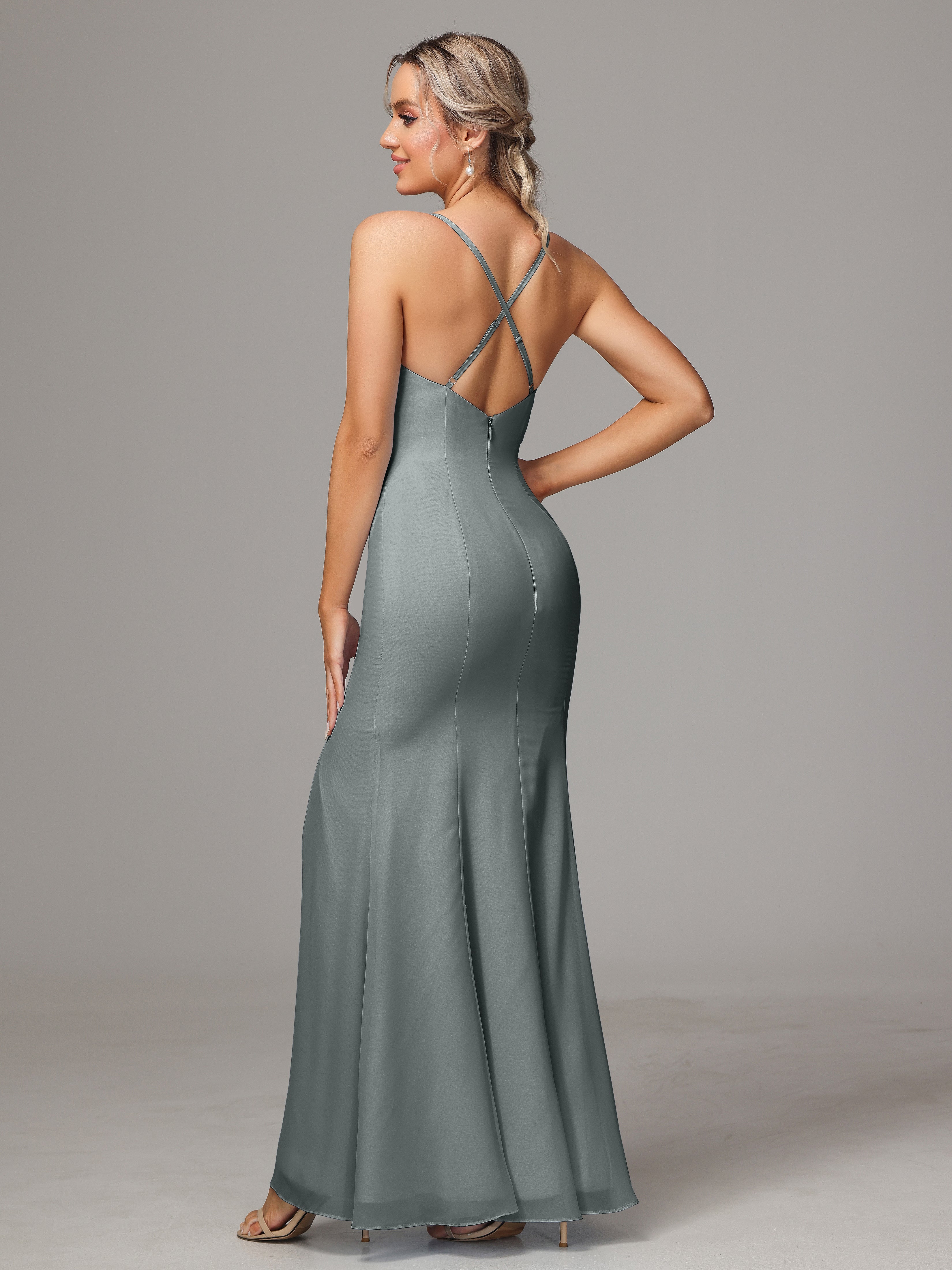 Robe Demoiselle D Honneur Gris Leticia Fourreau Mousseline Longue Robes Demoiselle D'Honneur