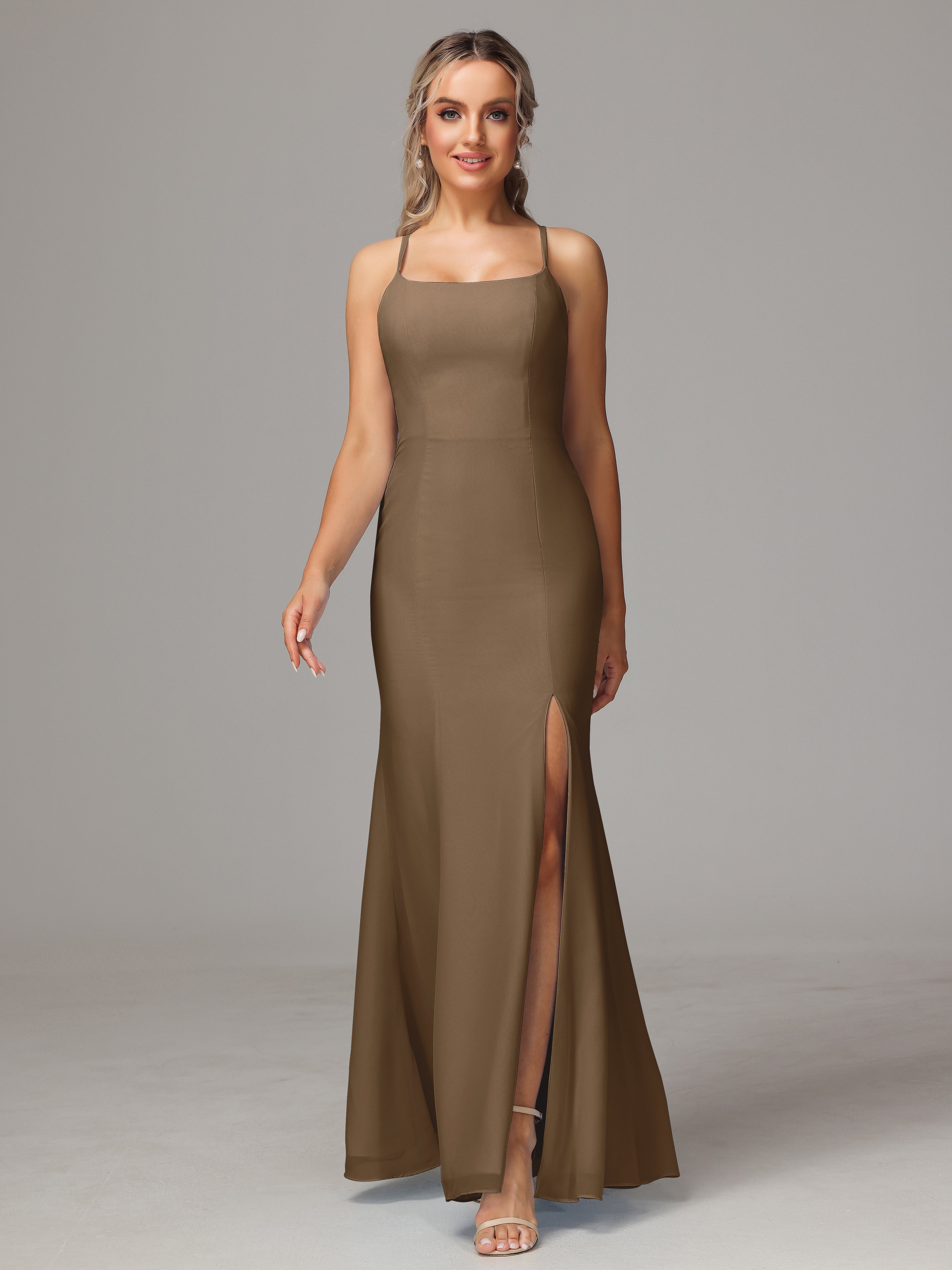 Robe De Demoiselle D'Honneur Moka Leticia Fourreau Mousseline Longue Robes Demoiselle D'Honneur