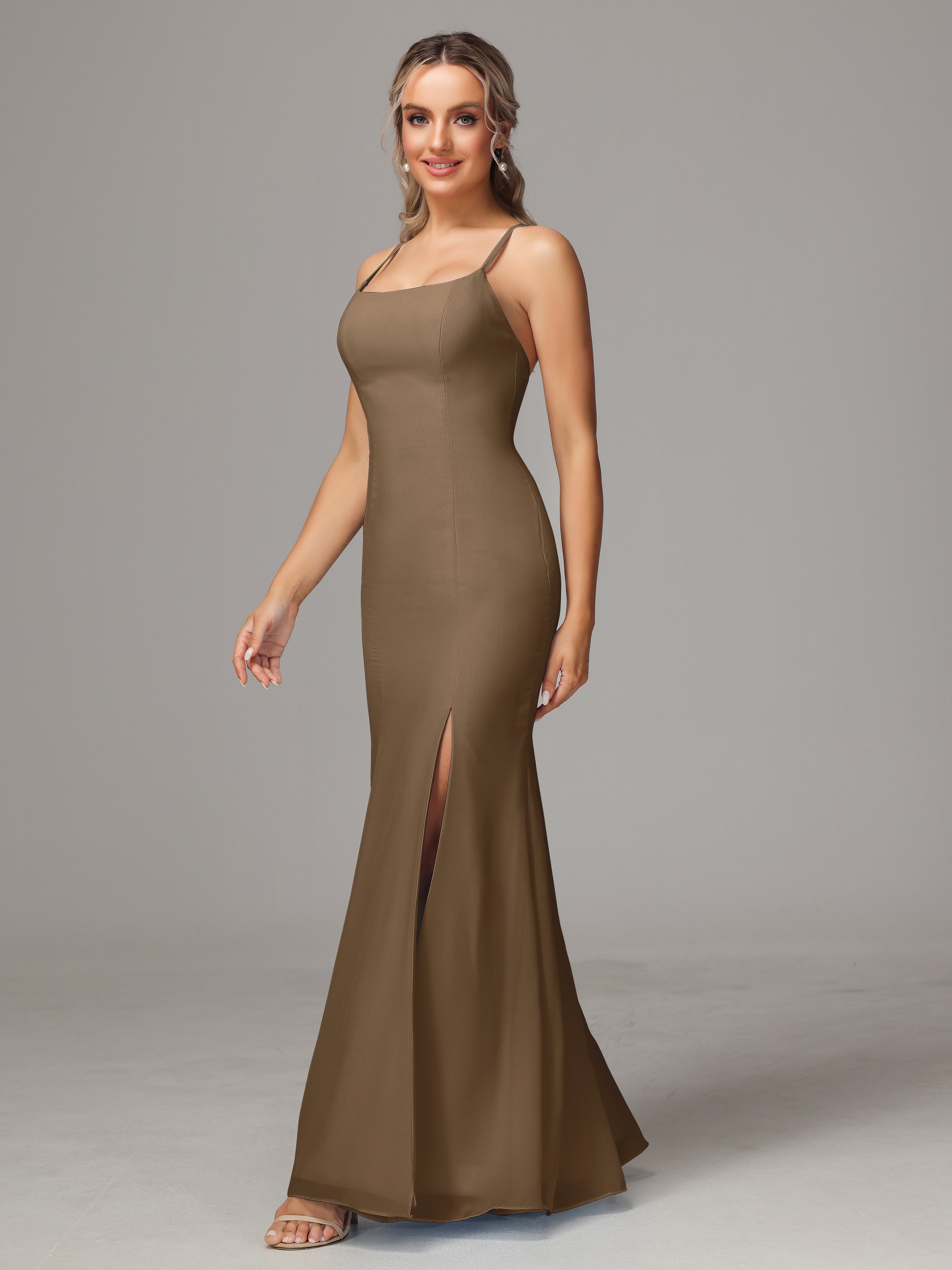 Robe De Demoiselle D'Honneur Moka Leticia Fourreau Mousseline Longue Robes Demoiselle D'Honneur