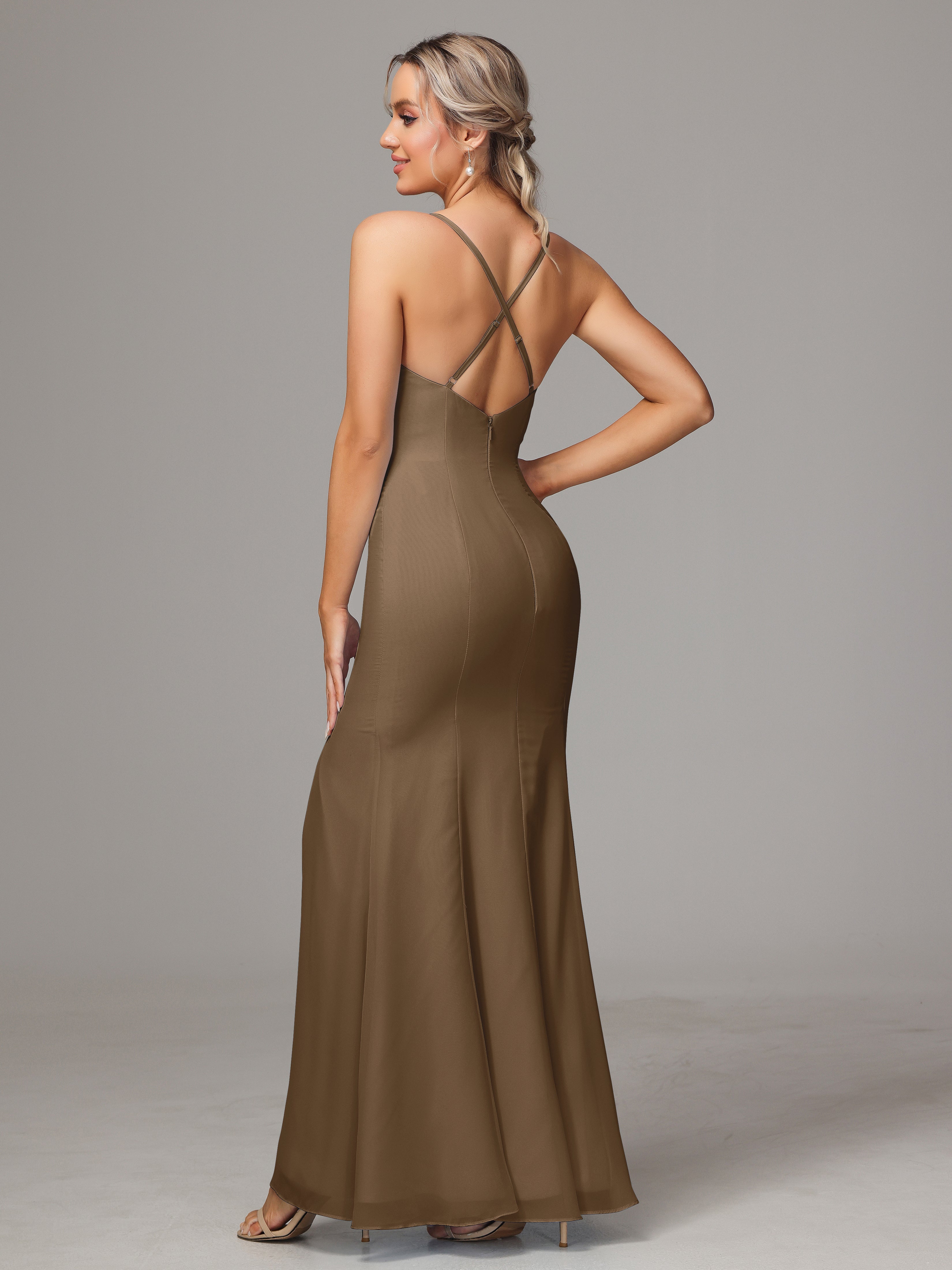 Robe De Demoiselle D'Honneur Moka Leticia Fourreau Mousseline Longue Robes Demoiselle D'Honneur