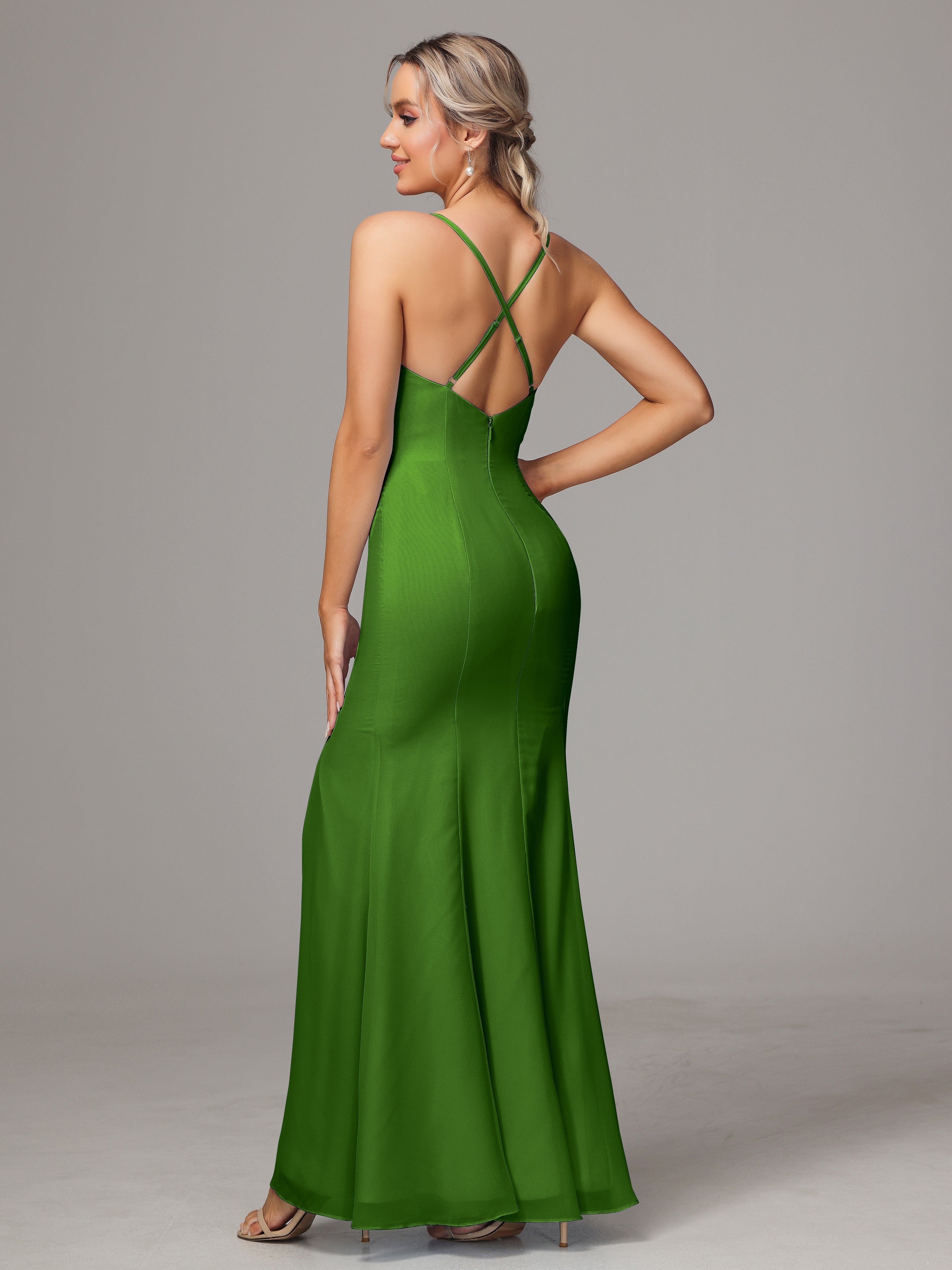 Robes De Demoiselle D'Honneur Vert Mousse Leticia Fourreau Mousseline Longue Robes Demoiselle D'Honneur