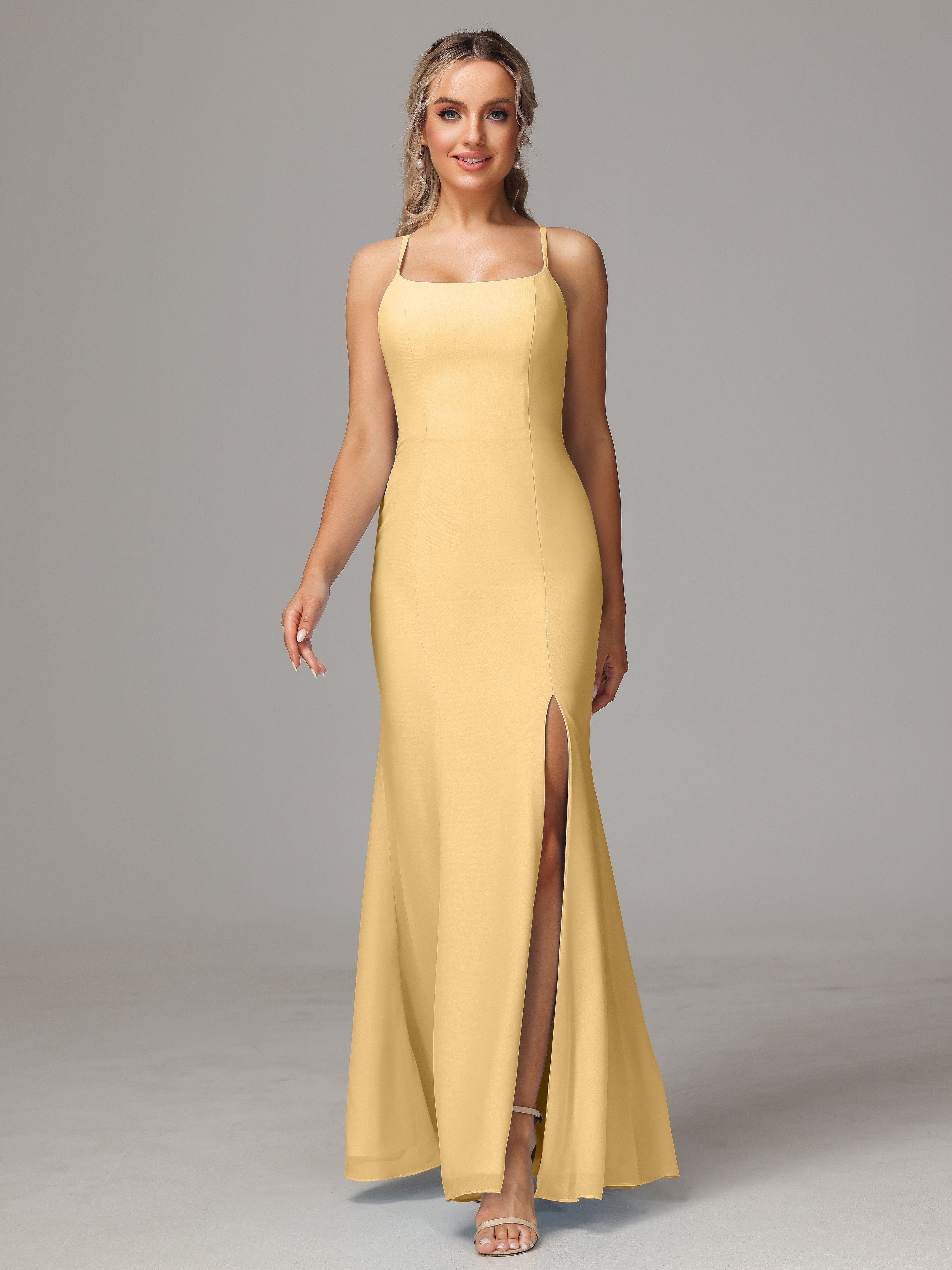 Robe Demoiselle D Honneur Dorée Leticia Fourreau Mousseline Longue Robes Demoiselle D'Honneur