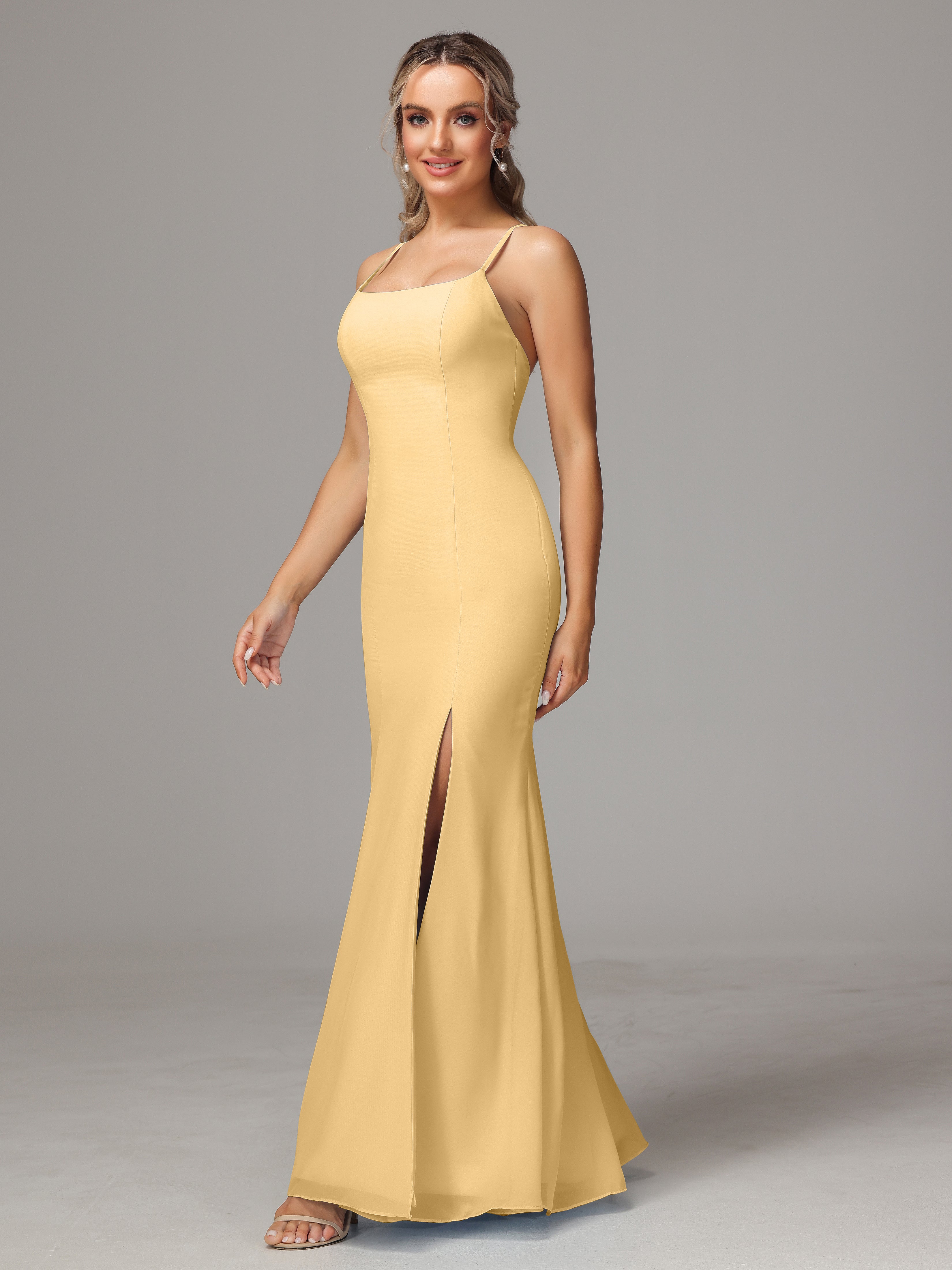 Robe Demoiselle D Honneur Dorée Leticia Fourreau Mousseline Longue Robes Demoiselle D'Honneur