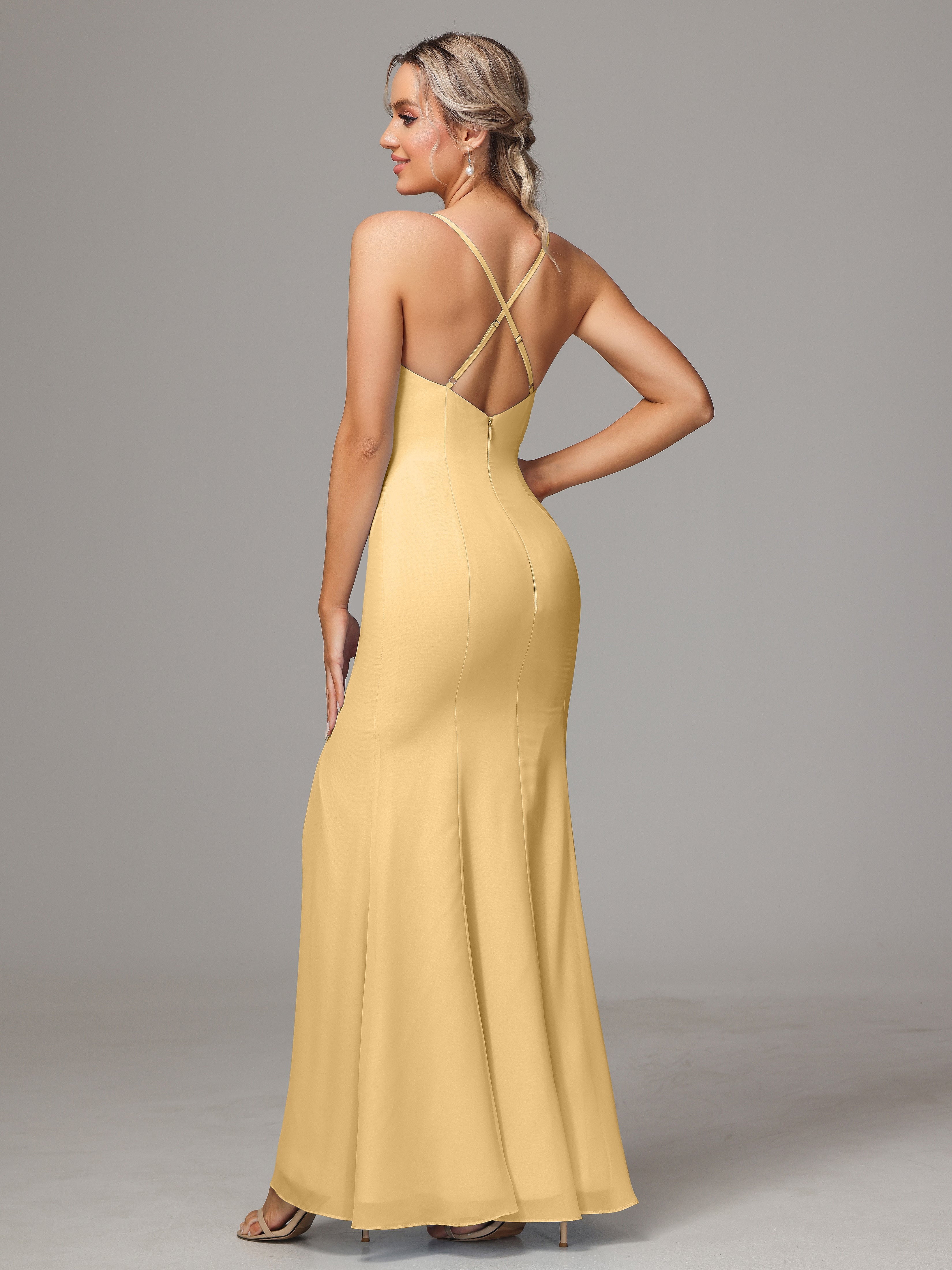 Robe Demoiselle D Honneur Dorée Leticia Fourreau Mousseline Longue Robes Demoiselle D'Honneur