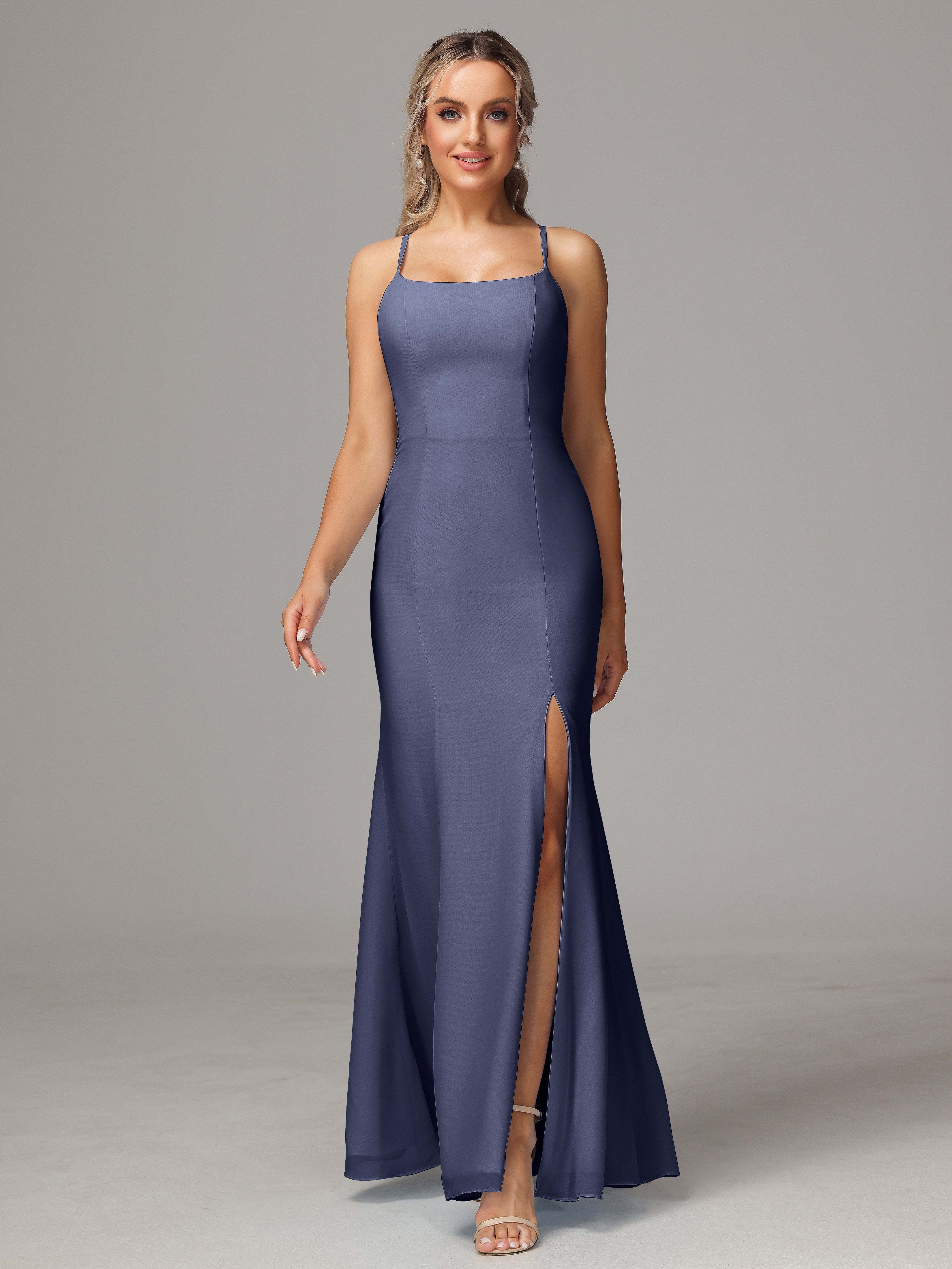 Robes De Demoiselle D'Honneur Bleu Orageux Leticia Fourreau Mousseline Longue Robes Demoiselle D'Honneur