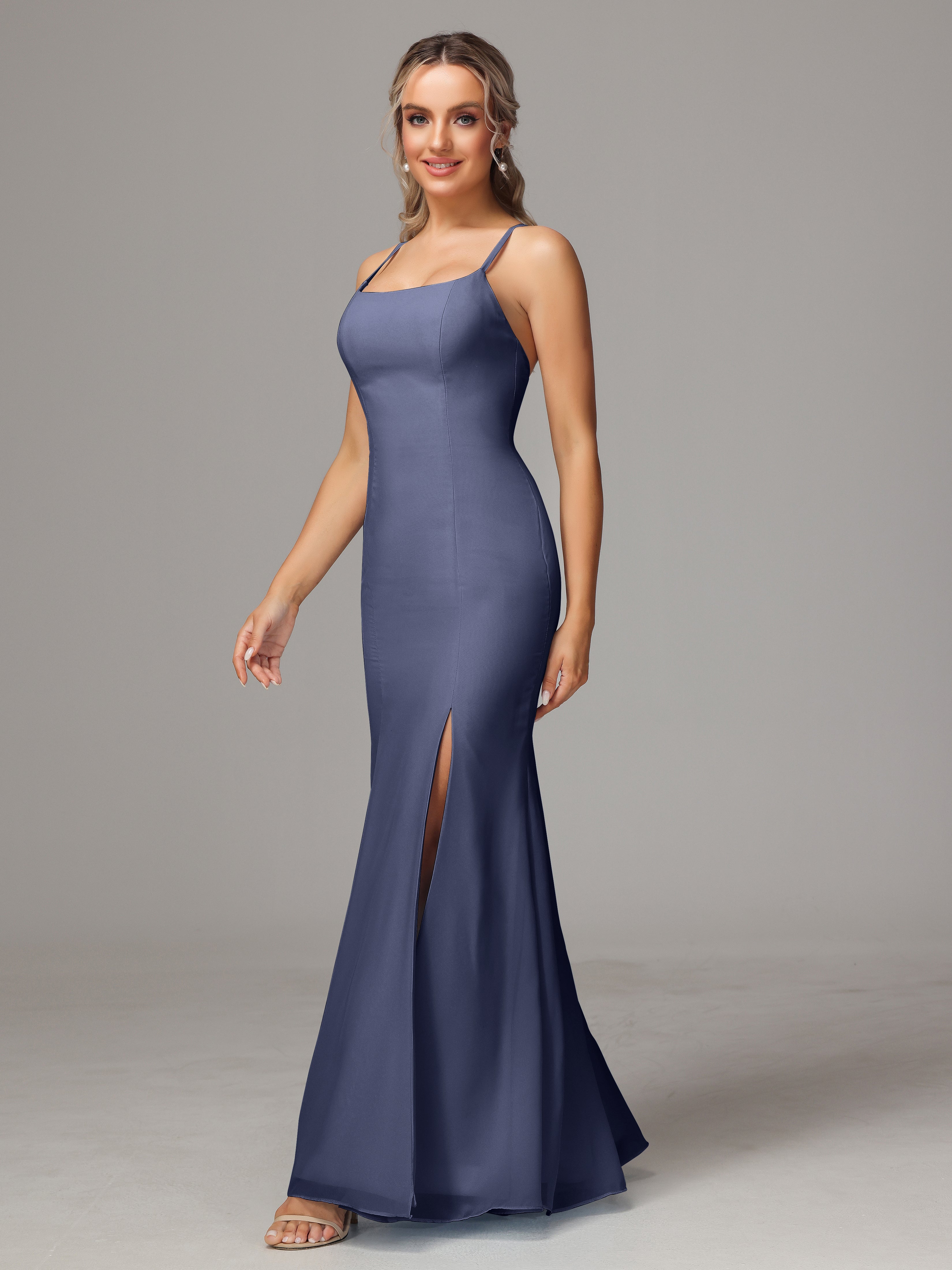 Robes De Demoiselle D'Honneur Bleu Orageux Leticia Fourreau Mousseline Longue Robes Demoiselle D'Honneur