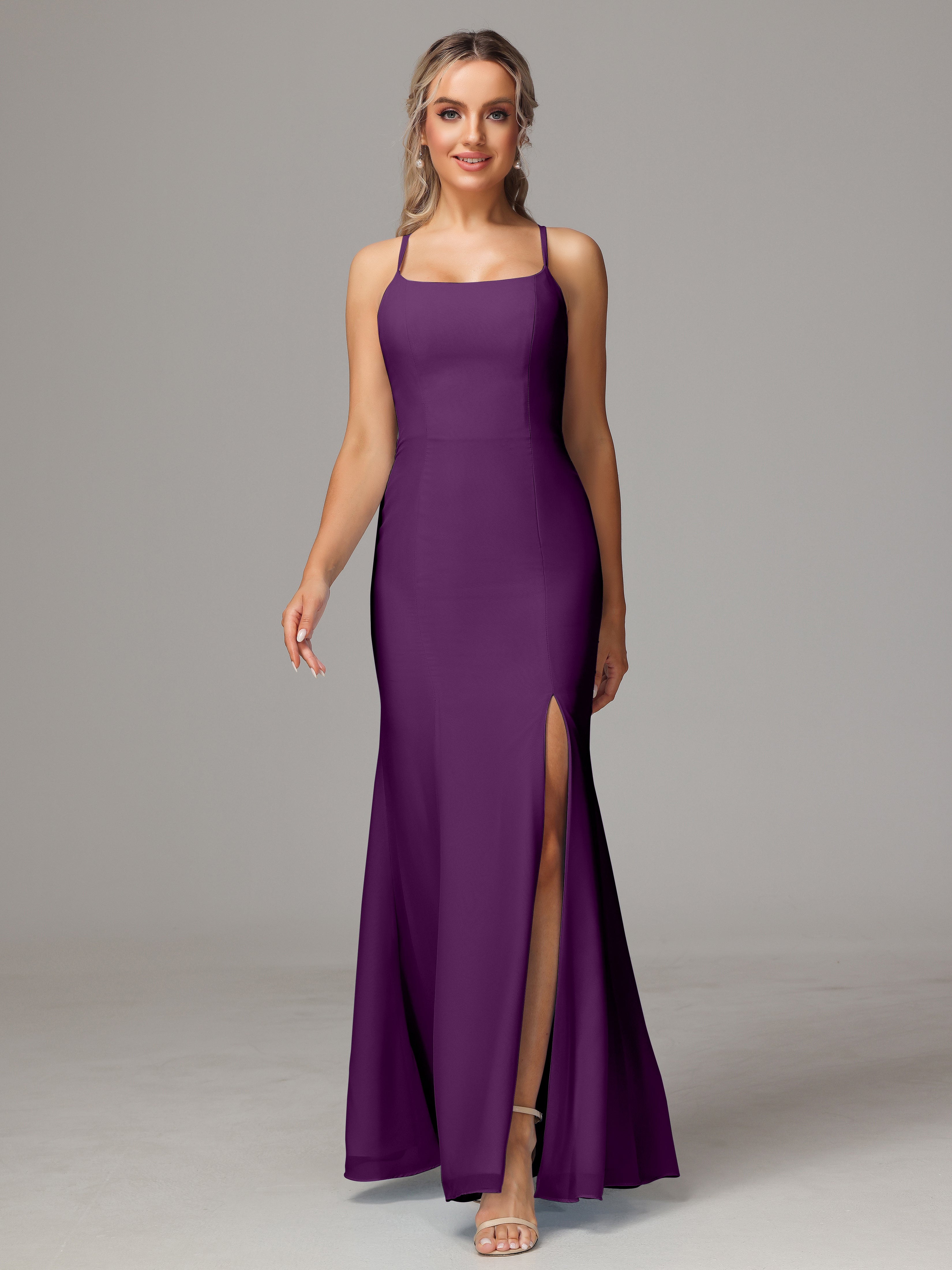 Robes De Demoiselle D'Honneur En Raisin Leticia Fourreau Mousseline Longue Robes Demoiselle D'Honneur