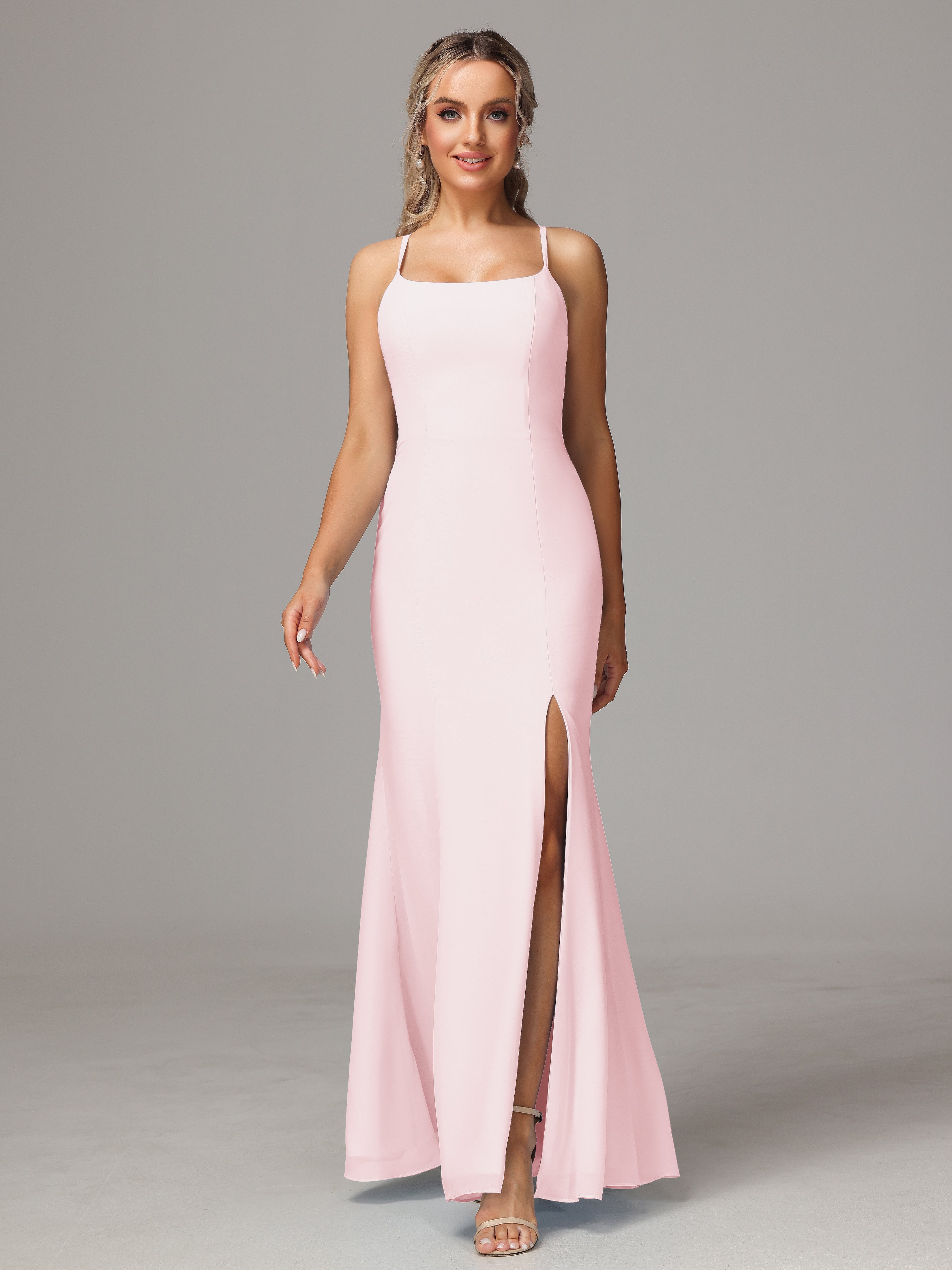 Robe Demoiselle Dhonneur Rose Pale Leticia Fourreau Mousseline Longue Robes Demoiselle D'Honneur