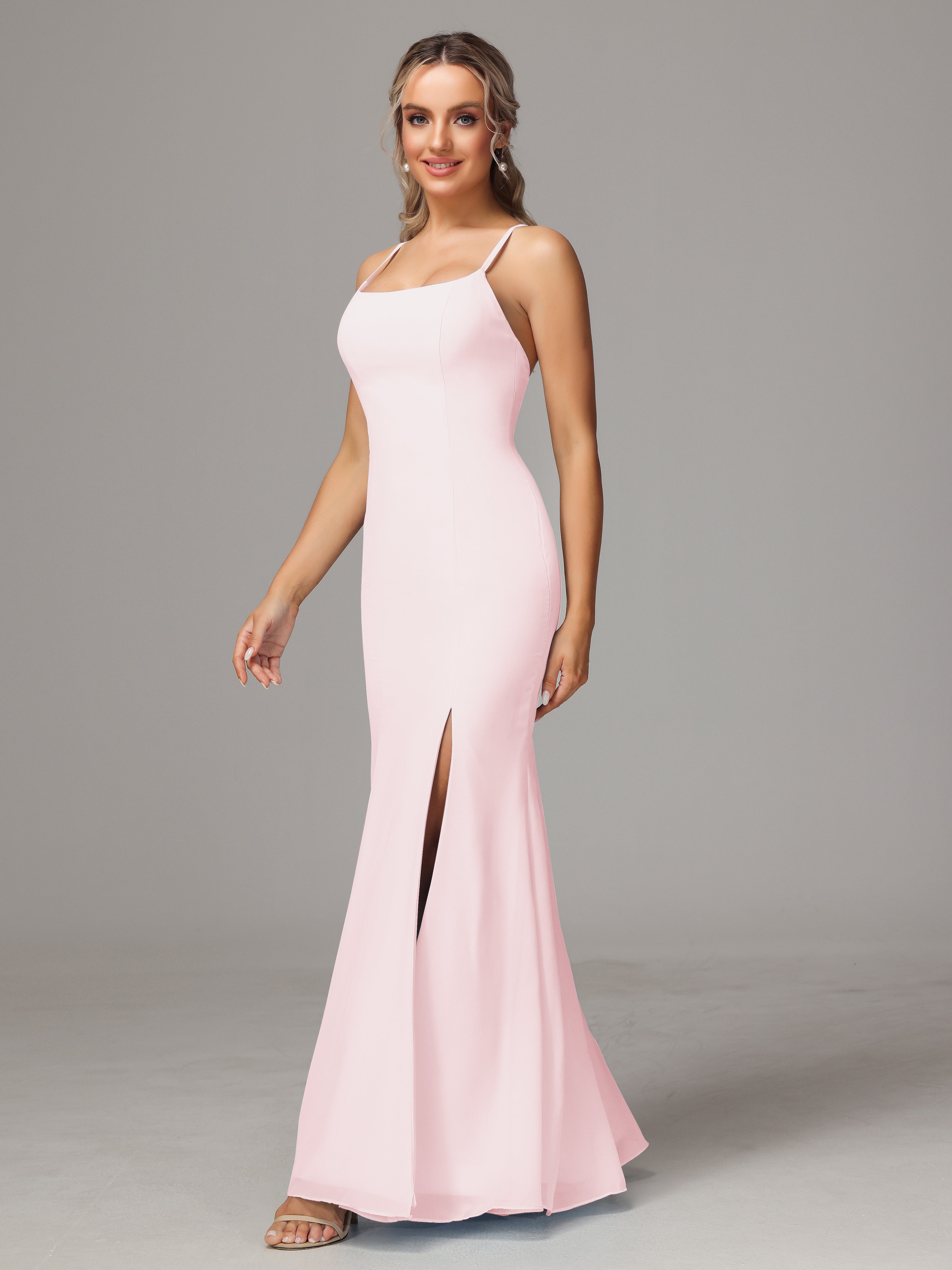 Robe Demoiselle Dhonneur Rose Pale Leticia Fourreau Mousseline Longue Robes Demoiselle D'Honneur