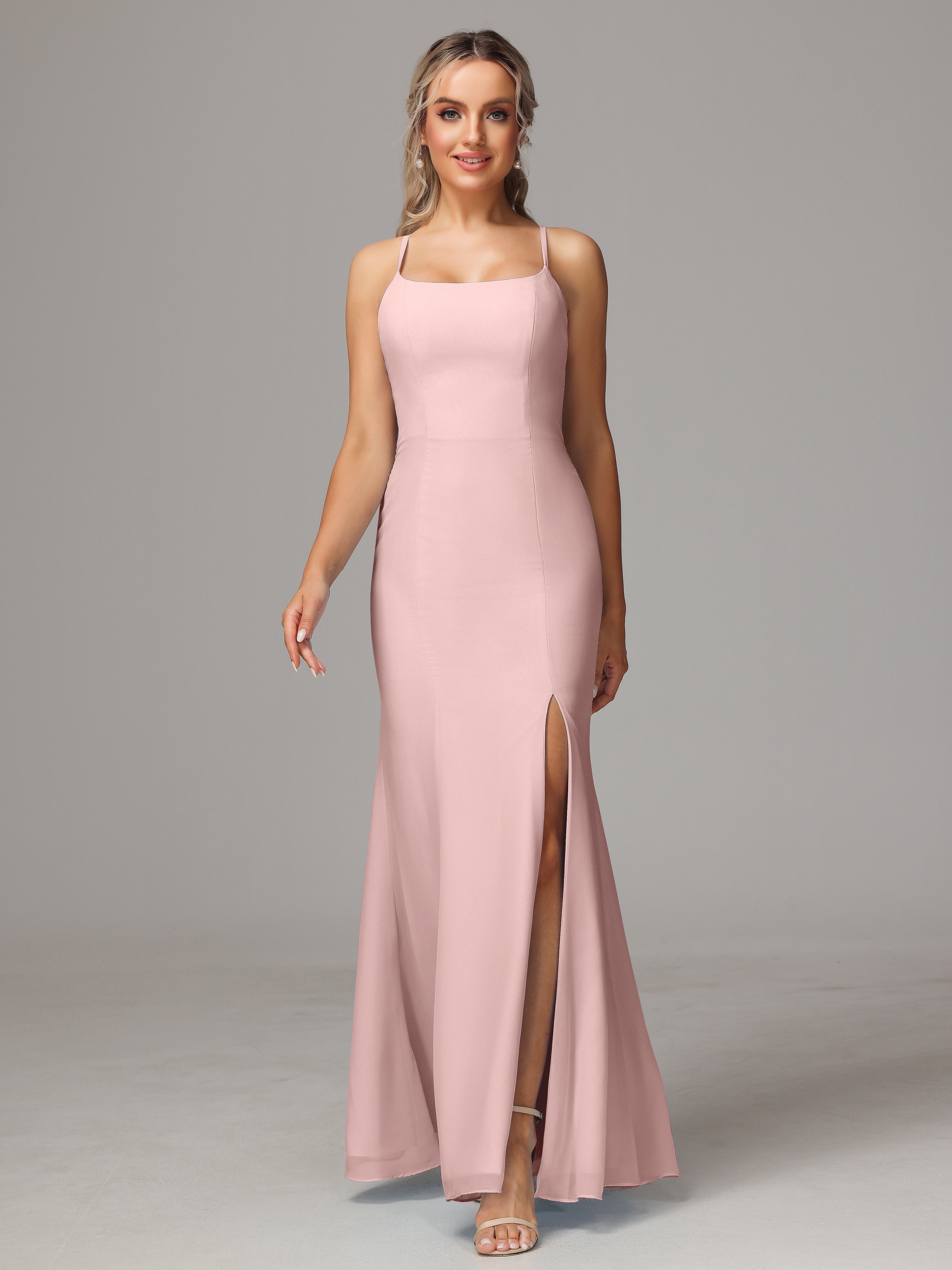 Rose Poudrée De Demoiselle D'Honneur Leticia Fourreau Mousseline Longue Robes Demoiselle D'Honneur