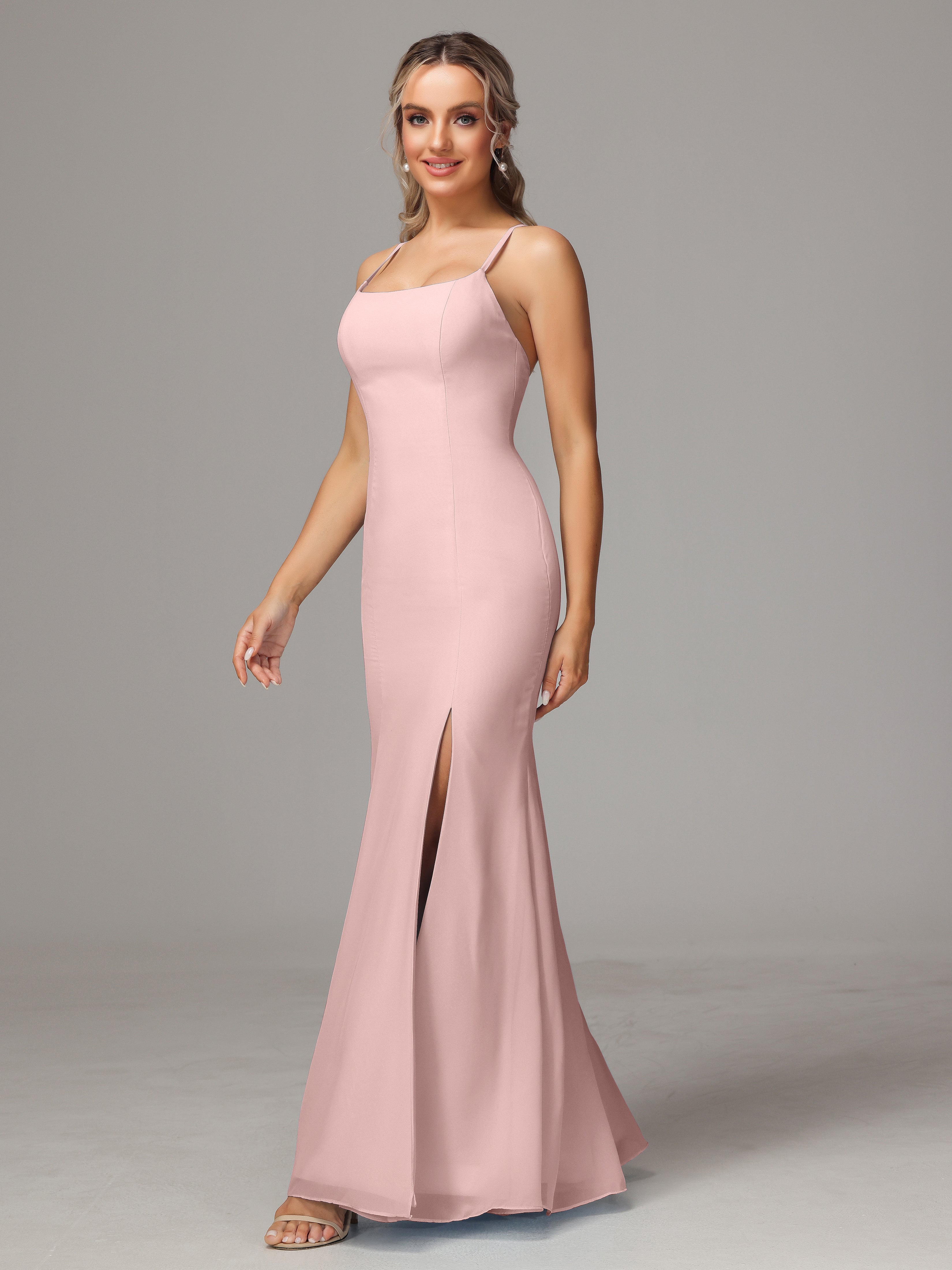 Rose Poudrée De Demoiselle D'Honneur Leticia Fourreau Mousseline Longue Robes Demoiselle D'Honneur