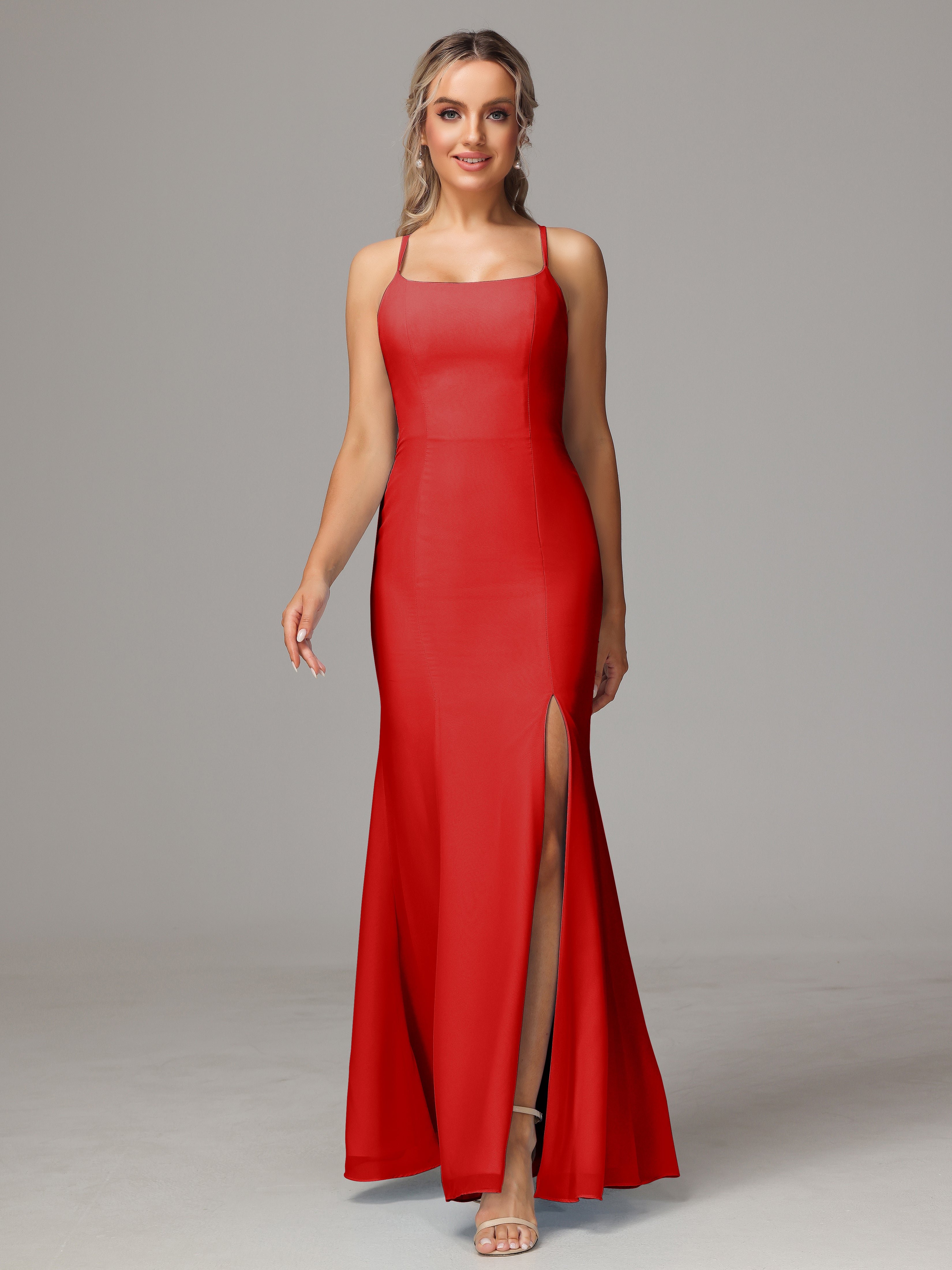 Robes De Demoiselle D'Honneur Rouges Leticia Fourreau Mousseline Longue Robes Demoiselle D'Honneur