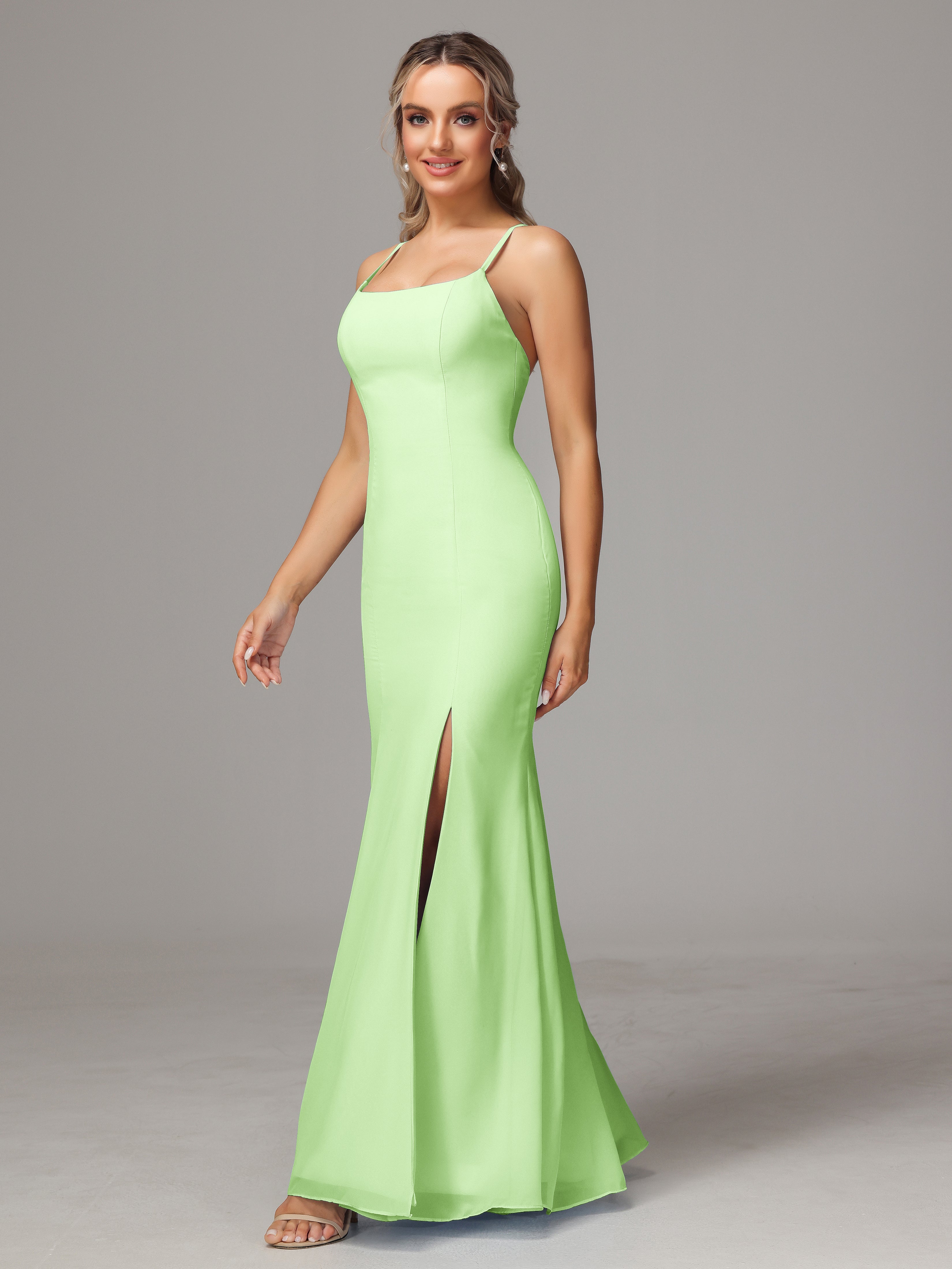 Demoiselle Robe Vert Sauge Leticia Fourreau Mousseline Longue Robes Demoiselle D'Honneur