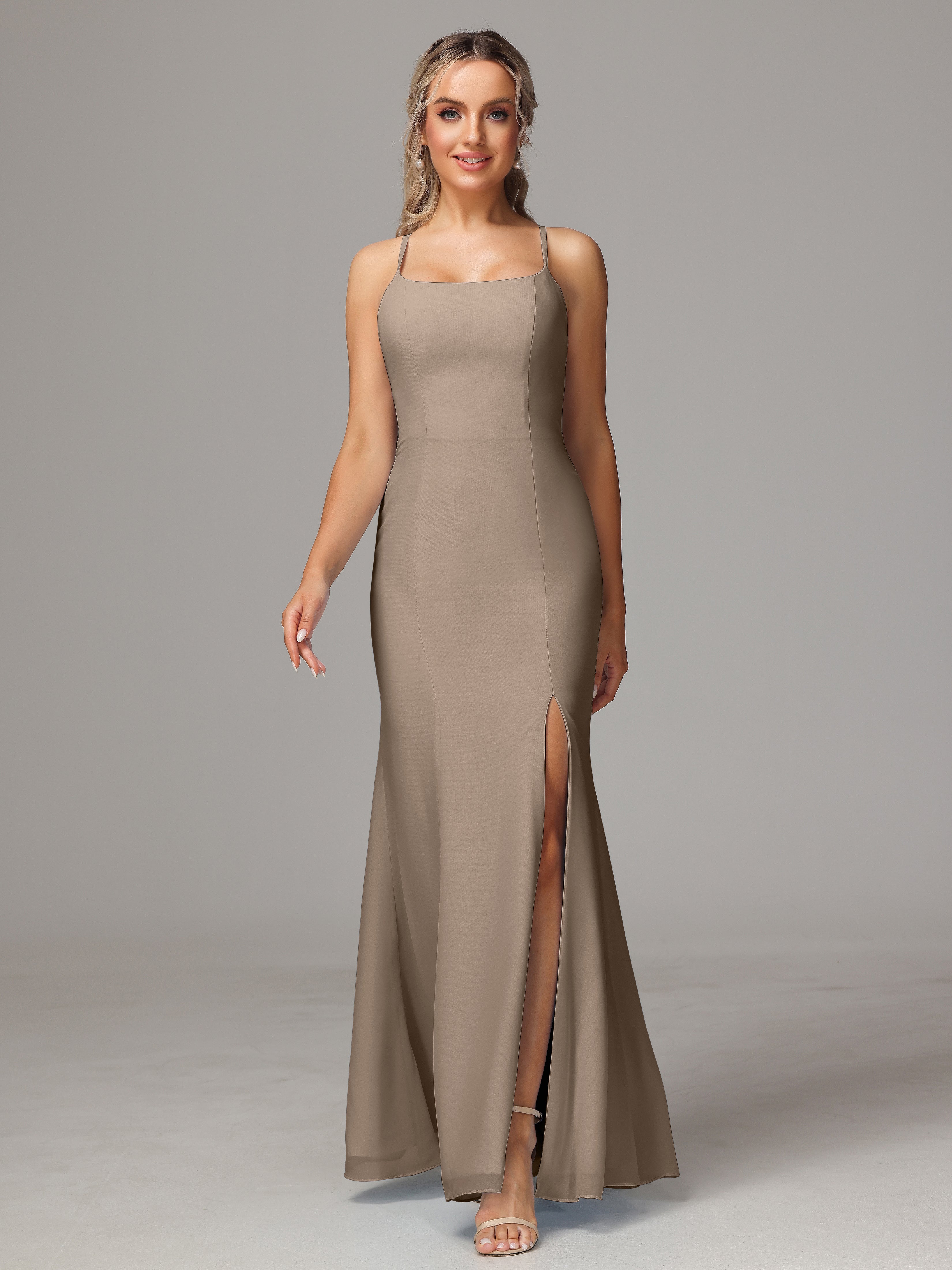 Robe Taupe Demoiselle D Honneur Leticia Fourreau Mousseline Longue Robes Demoiselle D'Honneur